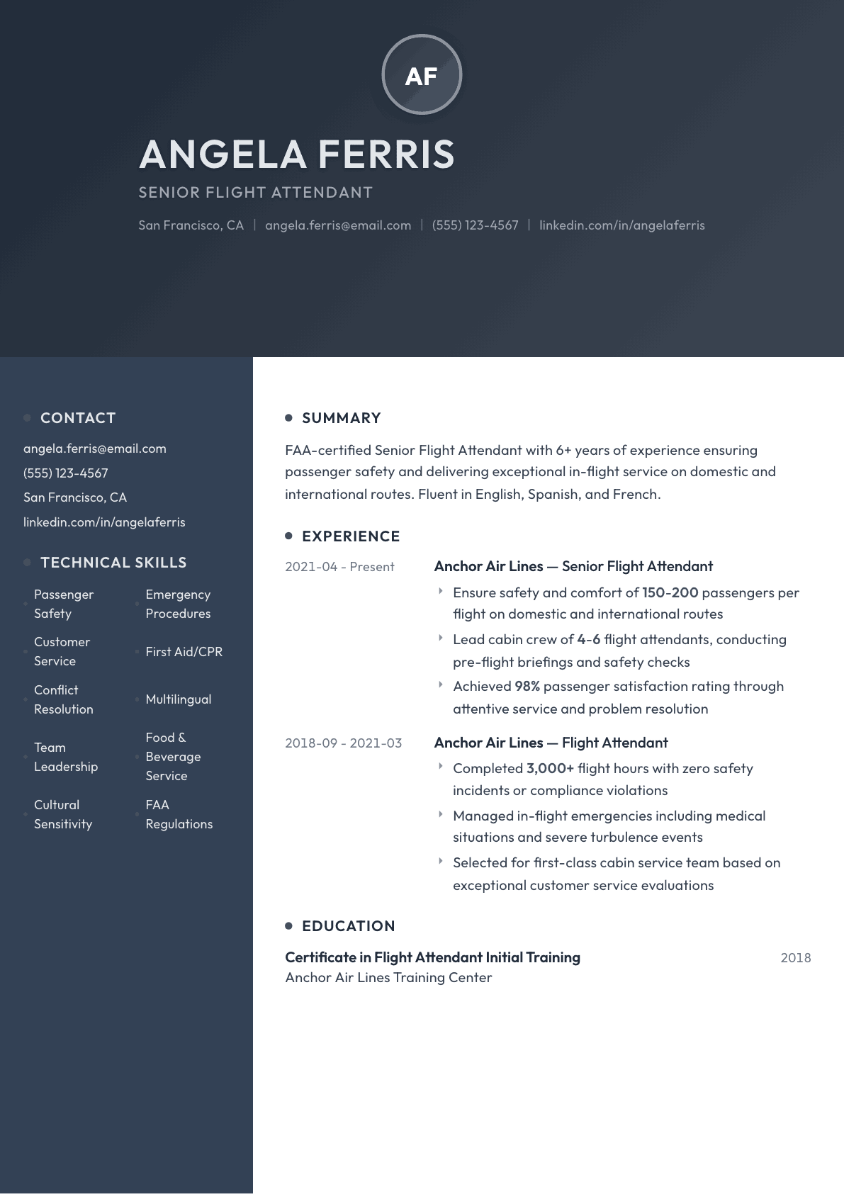 Flight Attendant resume example, Binary template