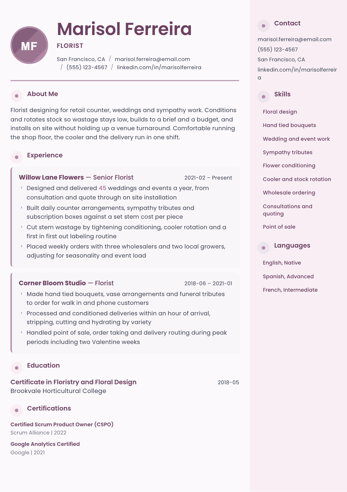 Florist resume example, Bloom template
