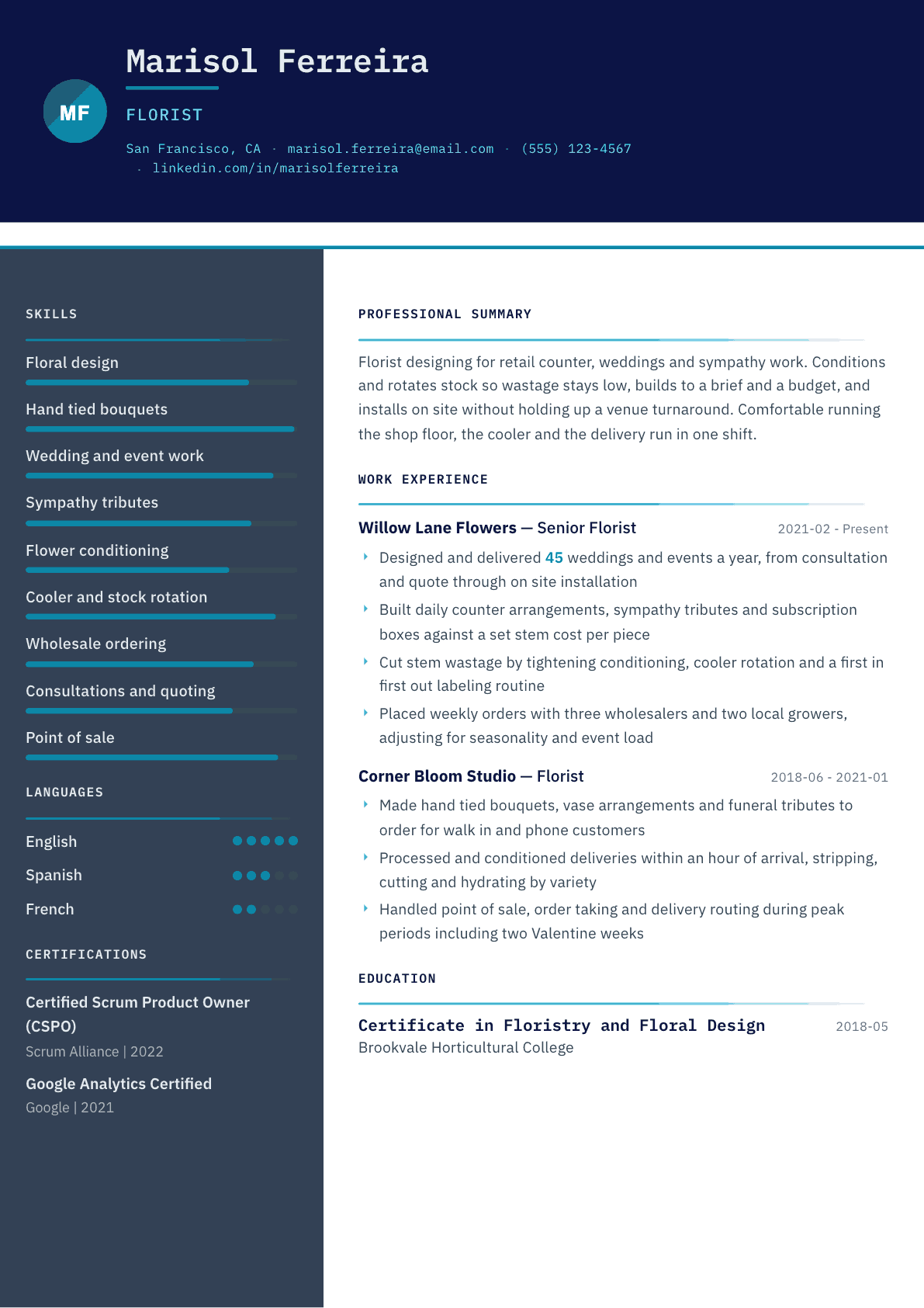 Florist resume example, Atlas template