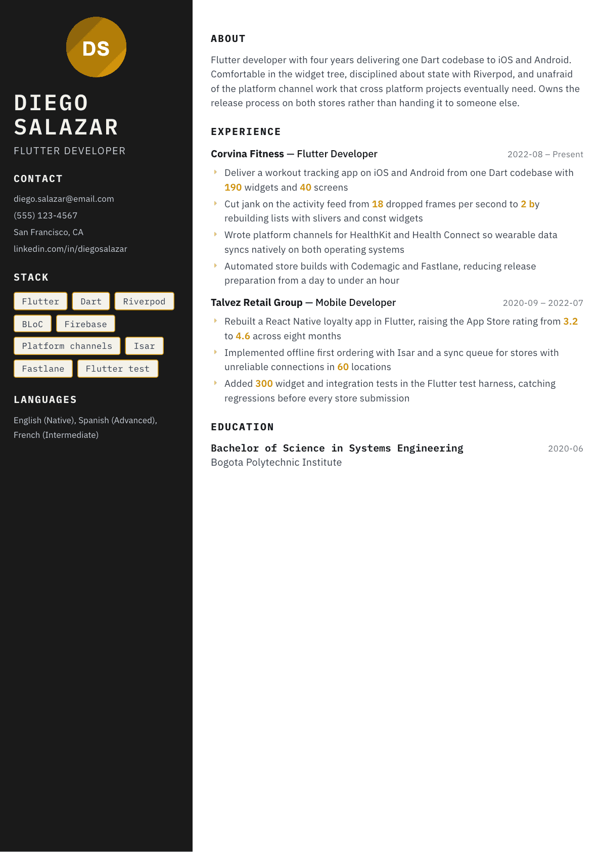 Flutter Developer resume example, Neon template