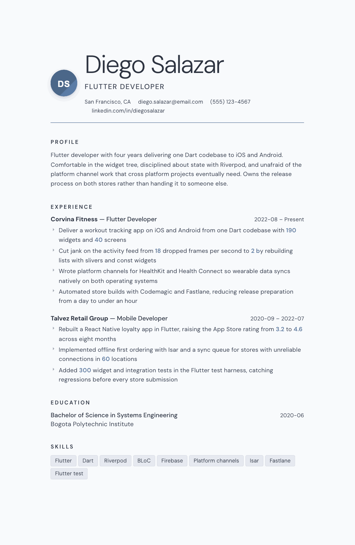 Flutter Developer resume example, Nordic template
