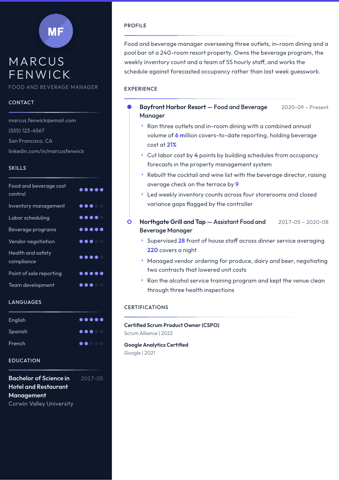 Food and Beverage Manager resume example, Zenith template