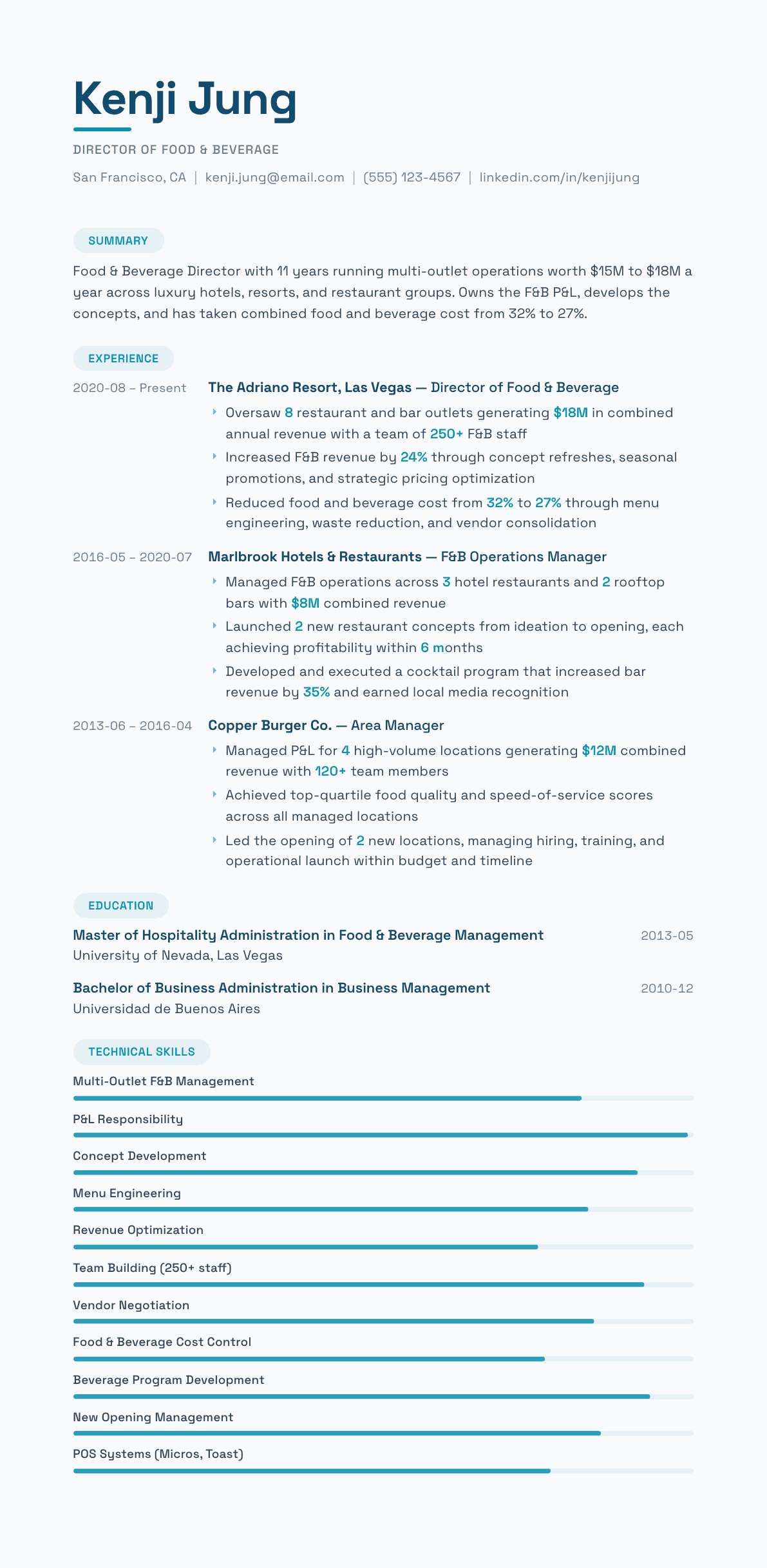 Food & Beverage Director resume example, Horizon template