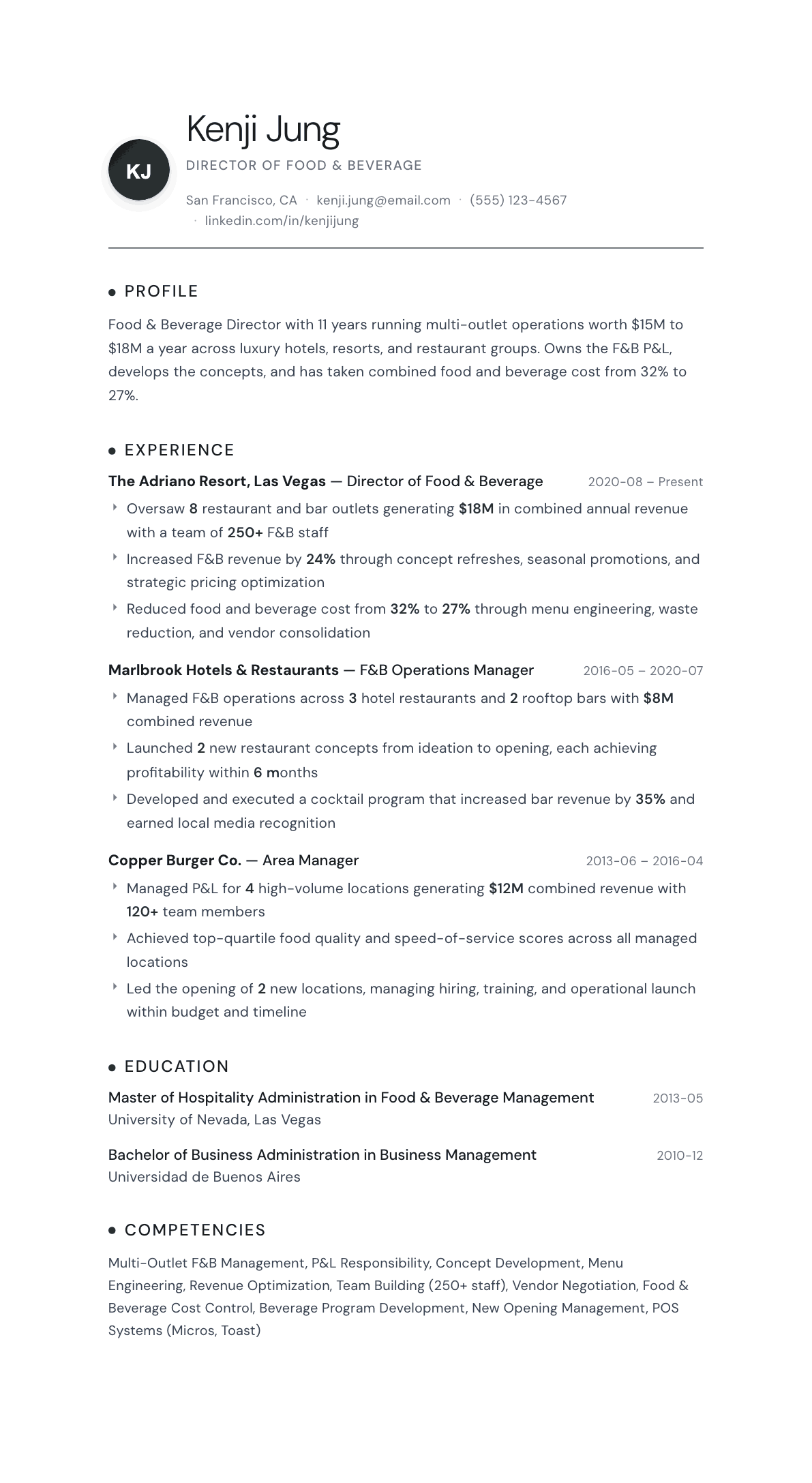 Food & Beverage Director resume example, Pinnacle template