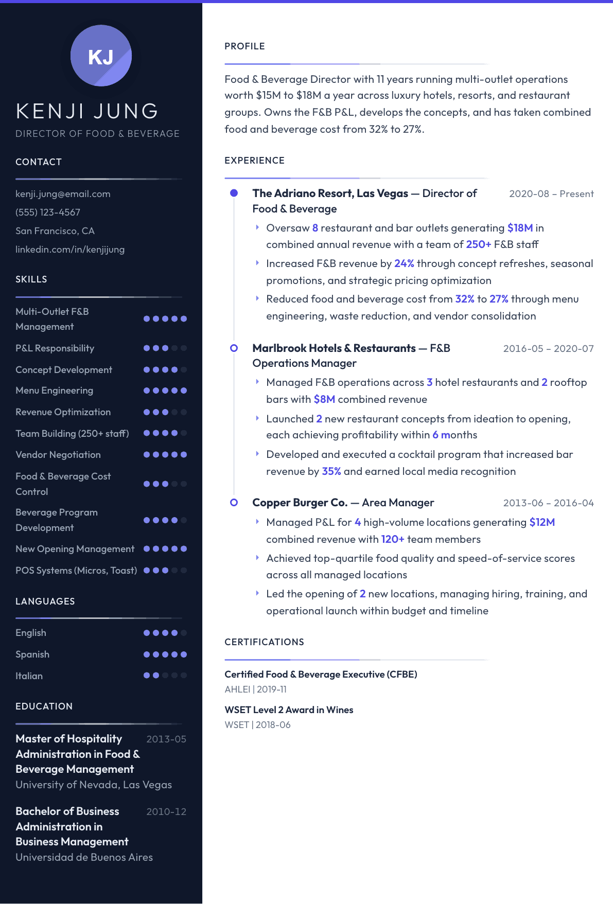 Food & Beverage Director resume example, Zenith template