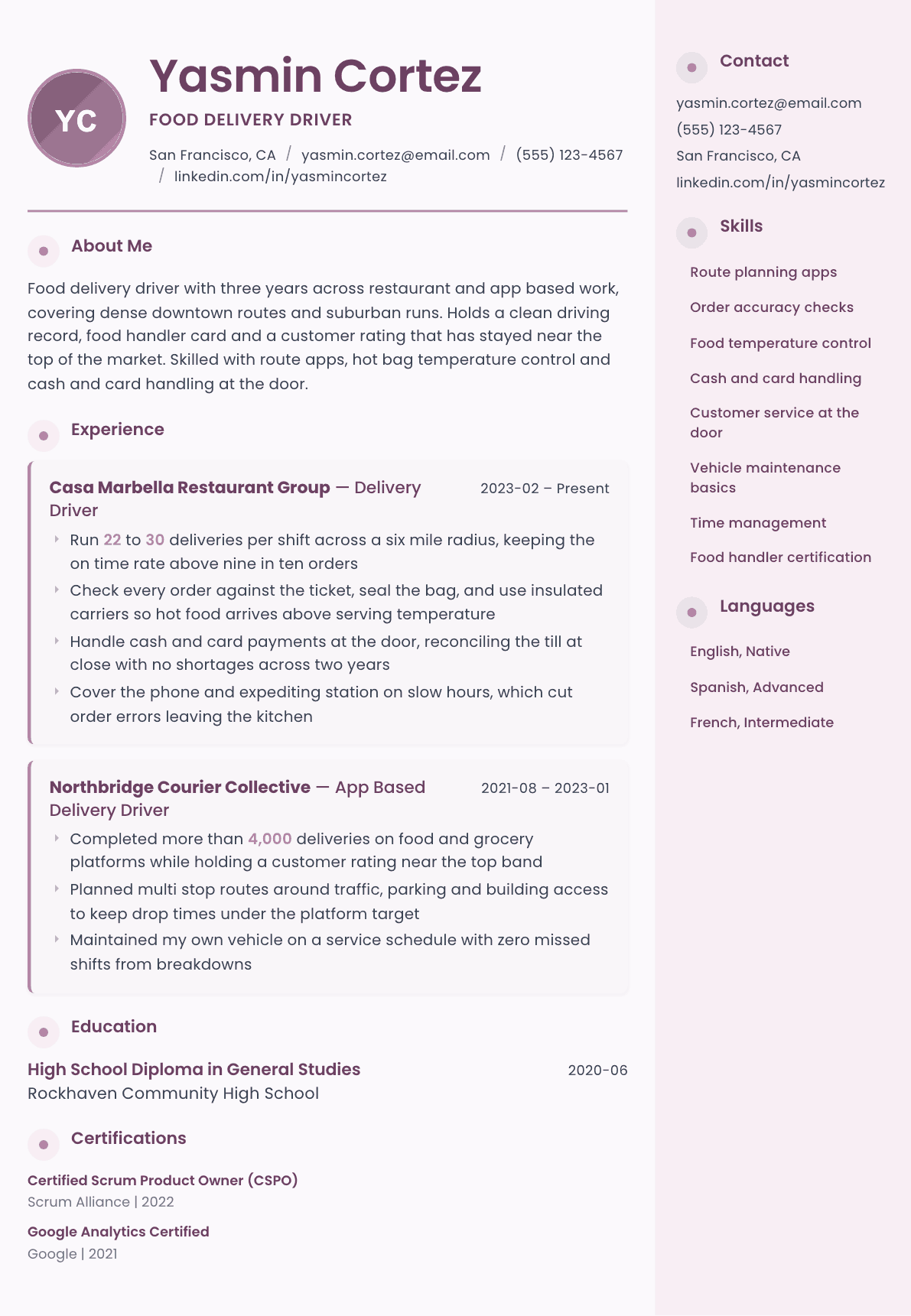 Food Delivery Driver resume example, Bloom template