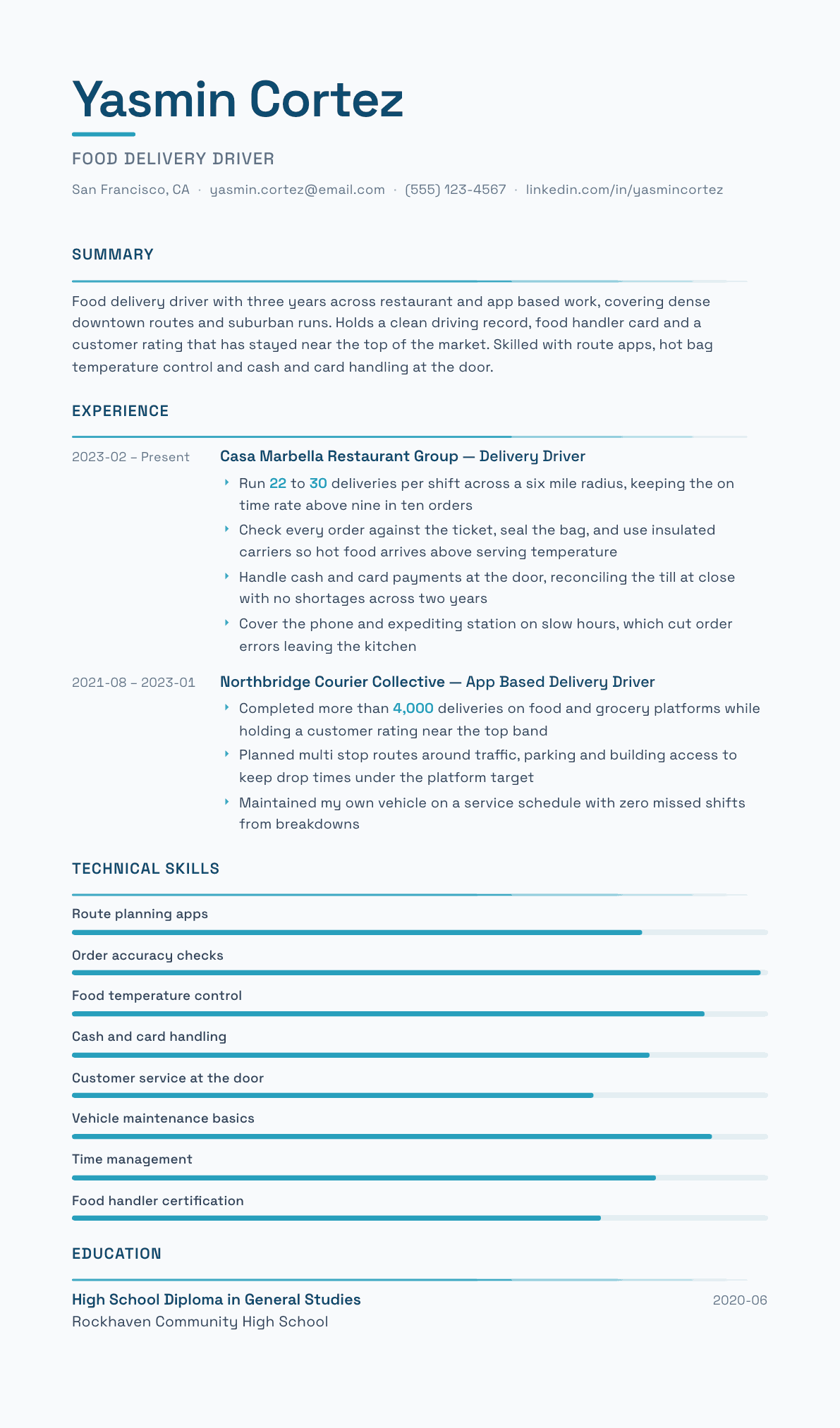 Food Delivery Driver resume example, Velocity template