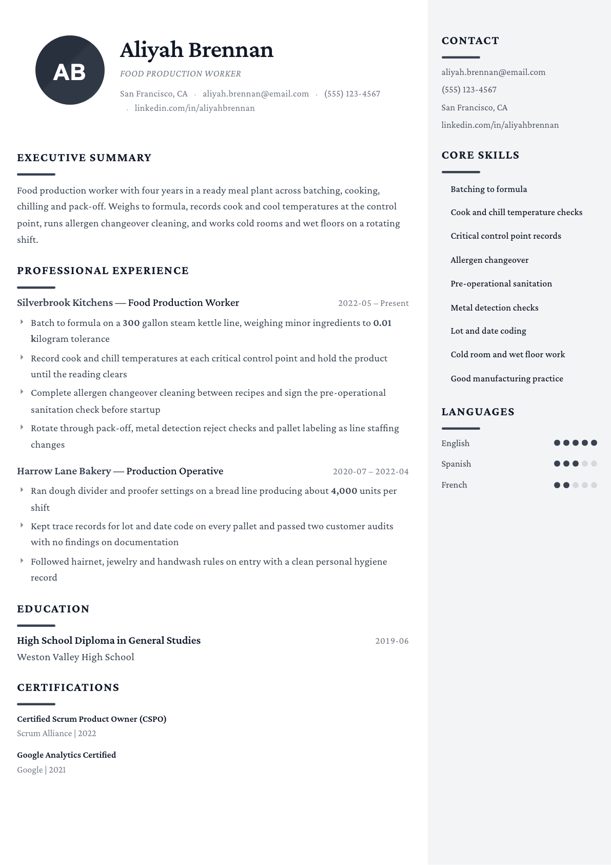 Food Production Worker resume example, Monarch template