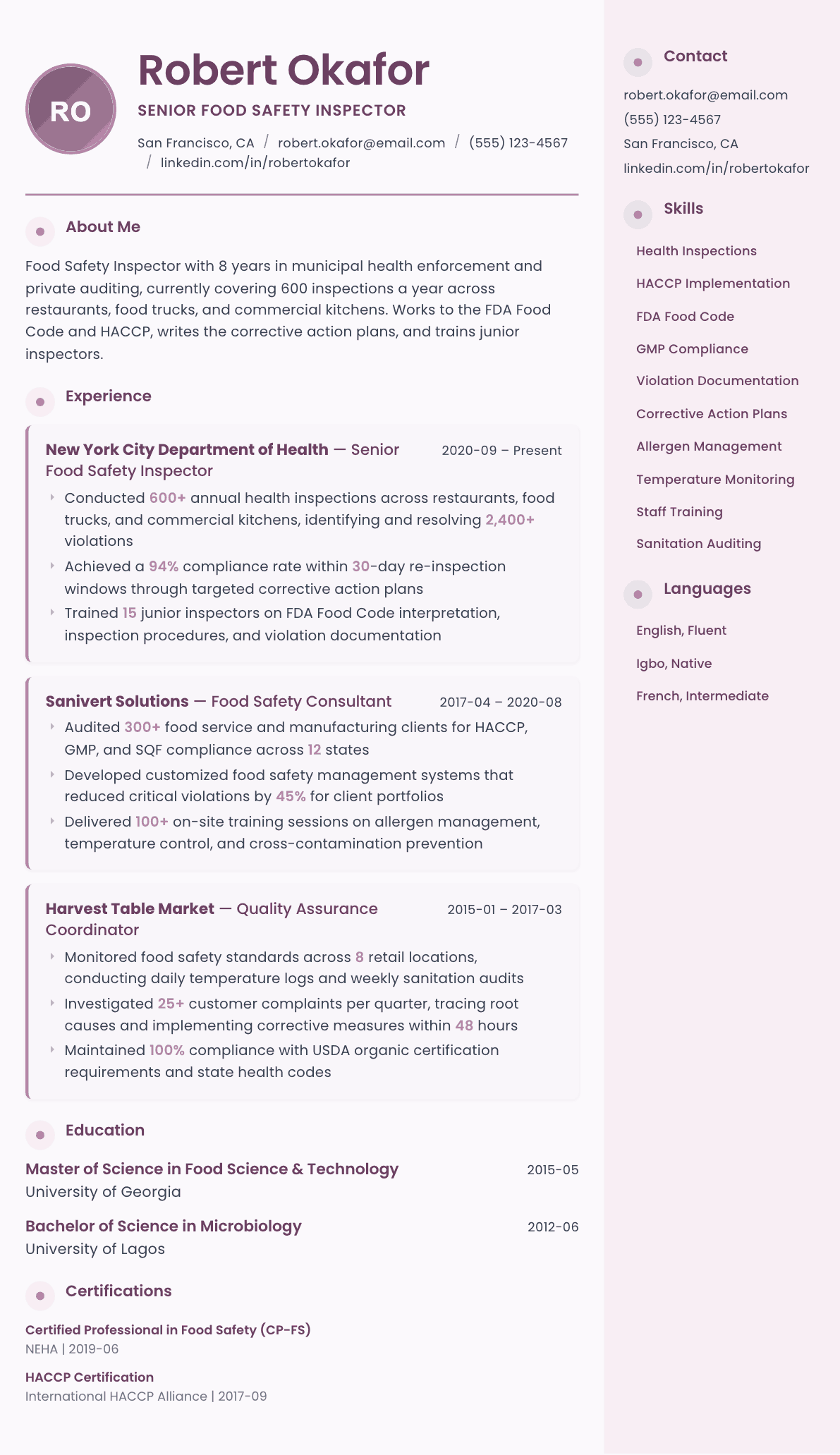 Food Safety Inspector resume example, Bloom template
