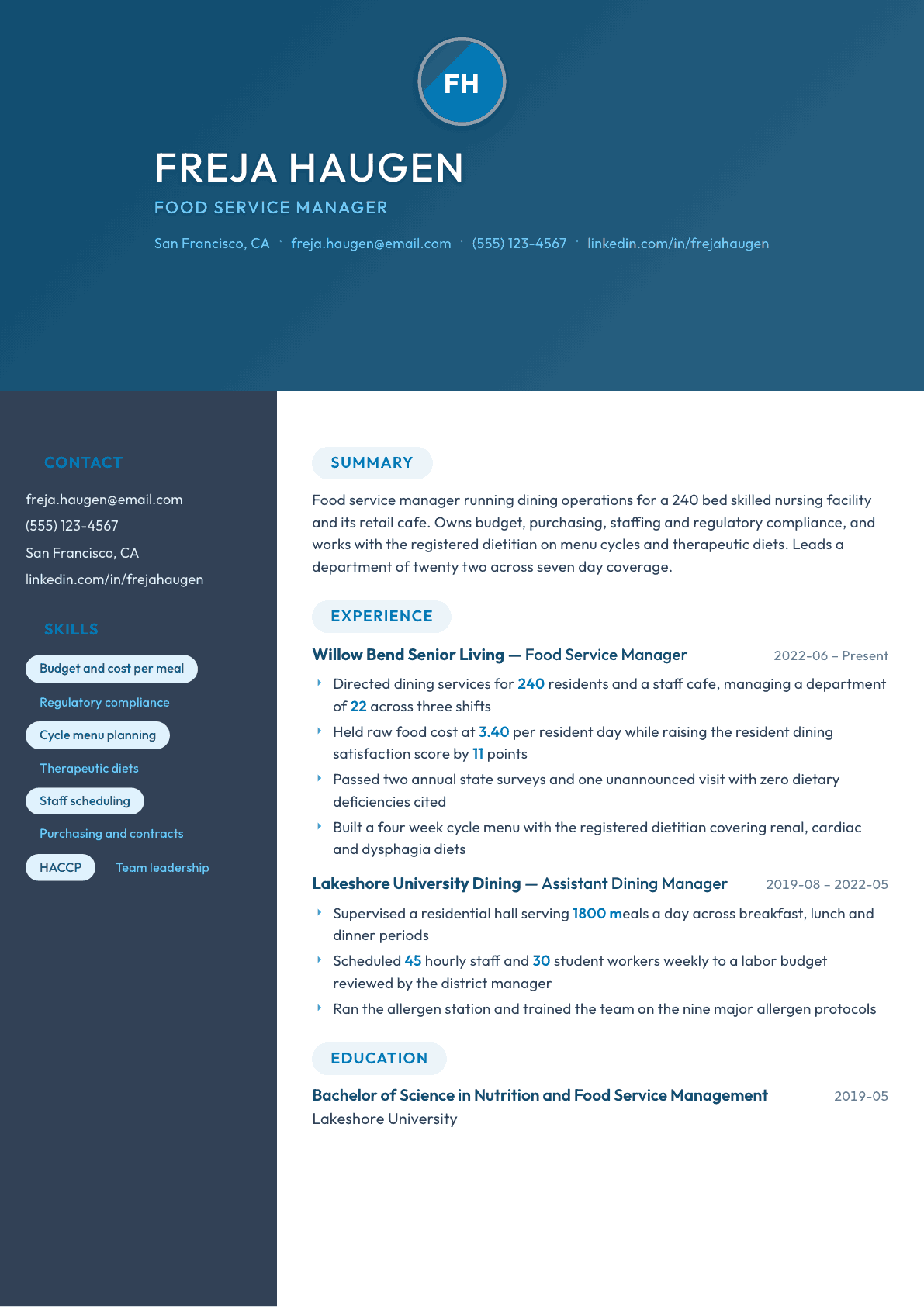 Food Service Manager resume example, Nexus template