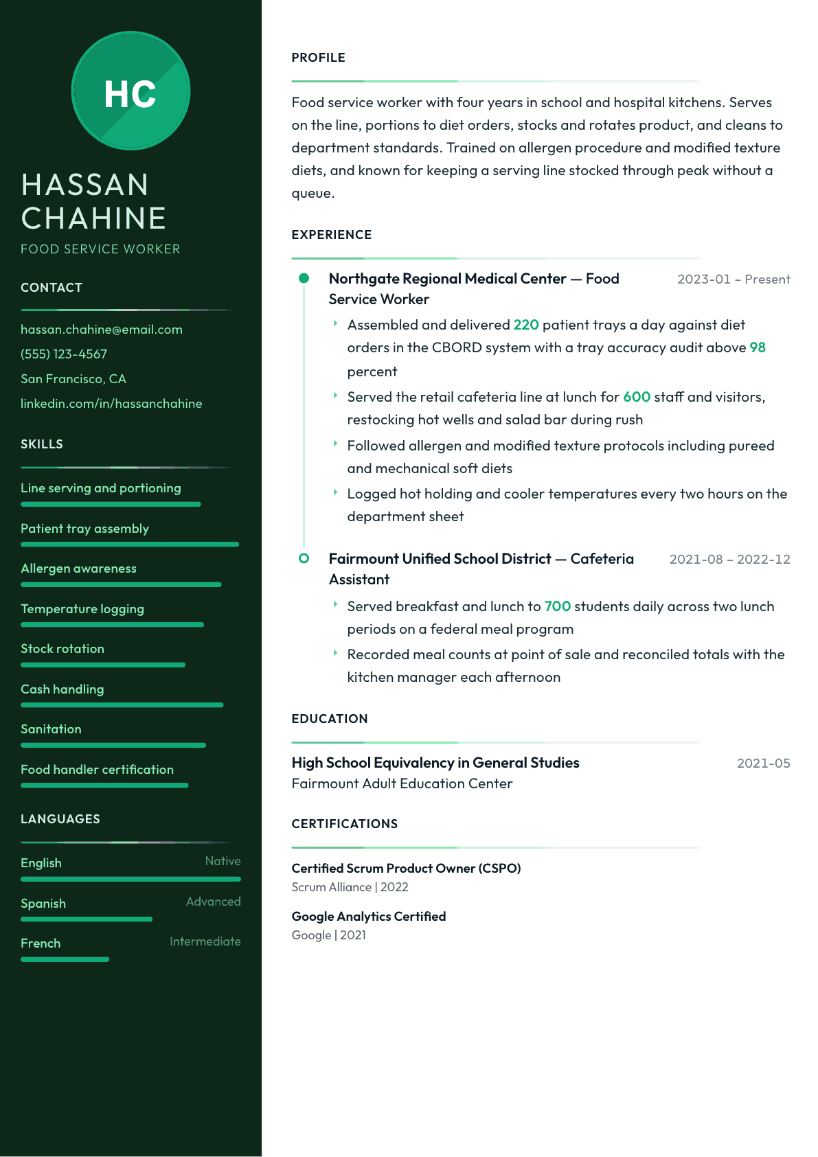Food Service resume example, Meridian template