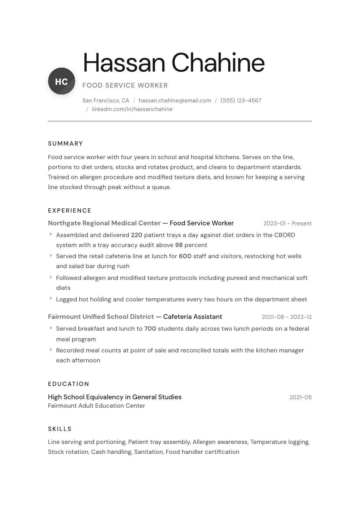 Food Service resume example, Whisper template