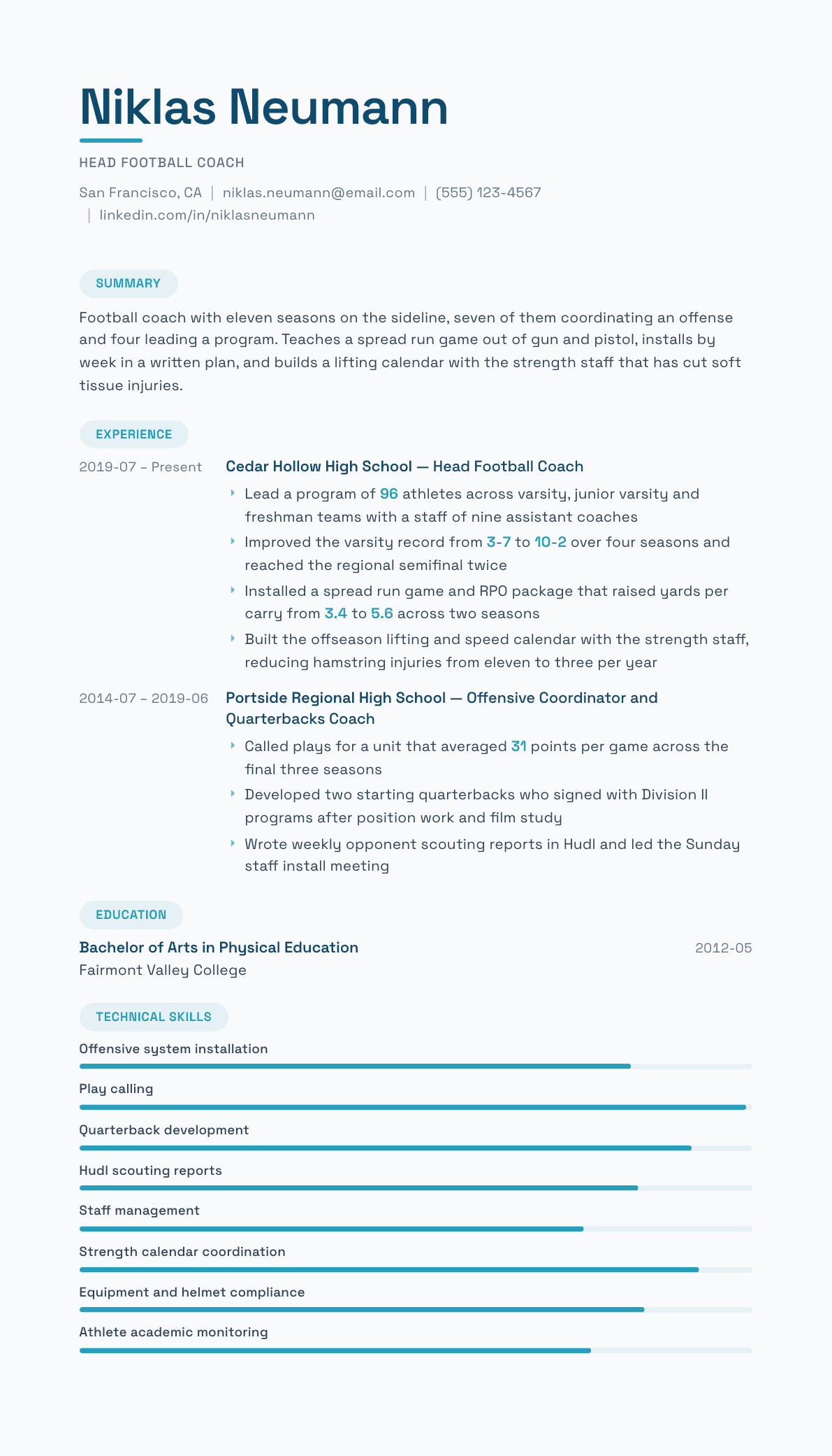 Football Coach resume example, Horizon template