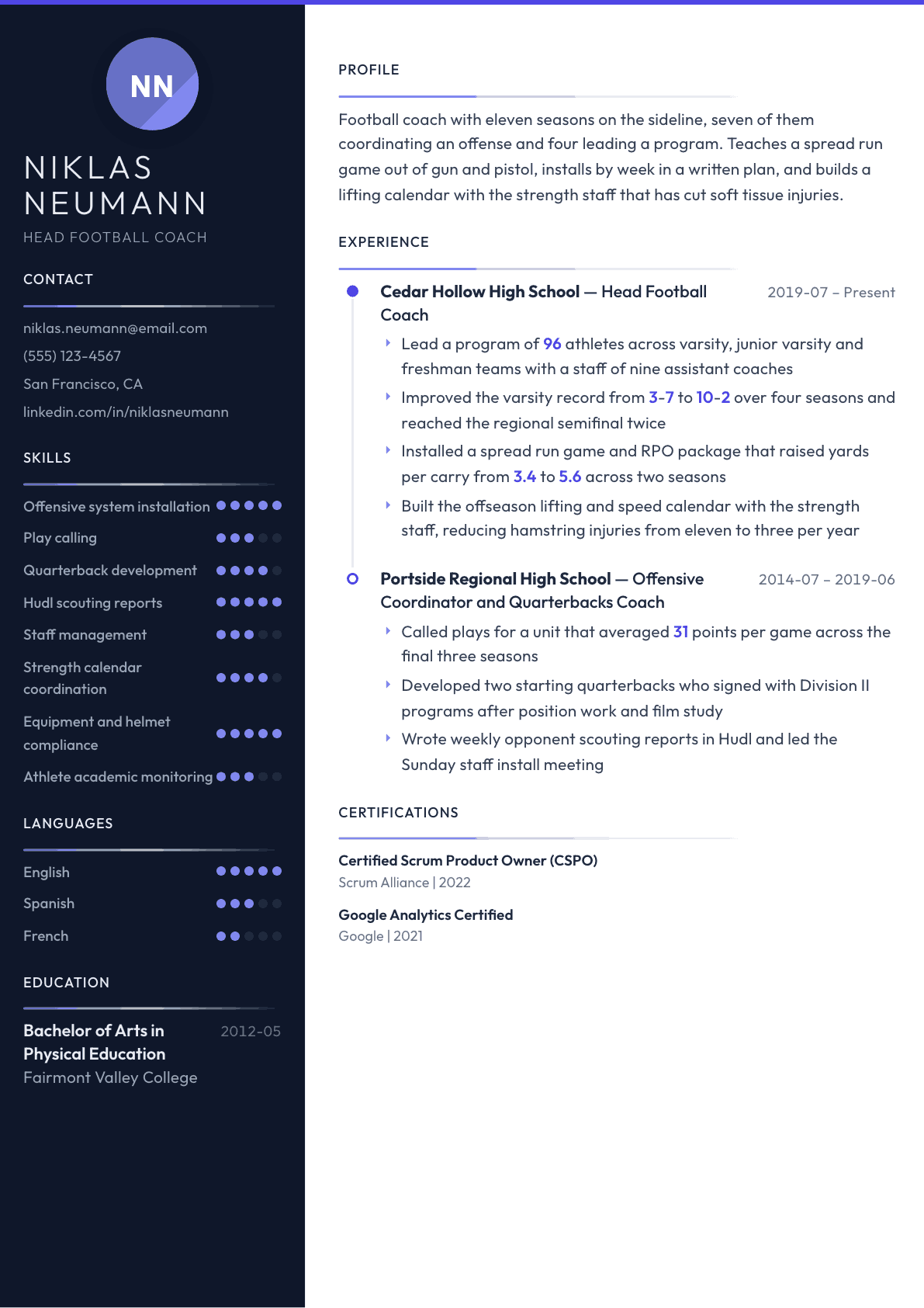 Football Coach resume example, Zenith template