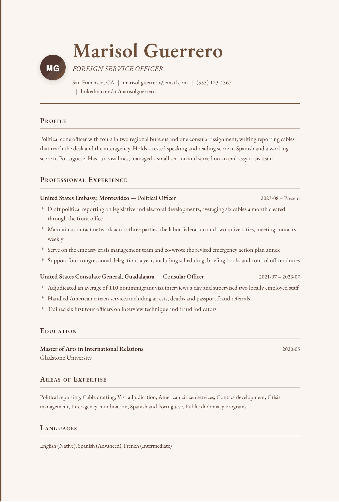 Foreign Service Officer resume example, Vintage template
