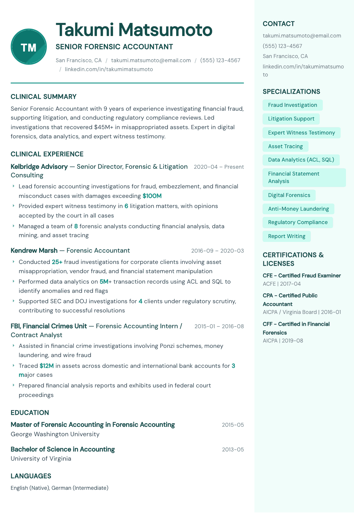 Forensic Accountant resume example, Remedy template