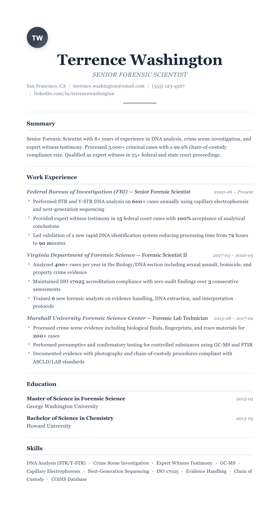 Forensic Scientist resume example, Classic template