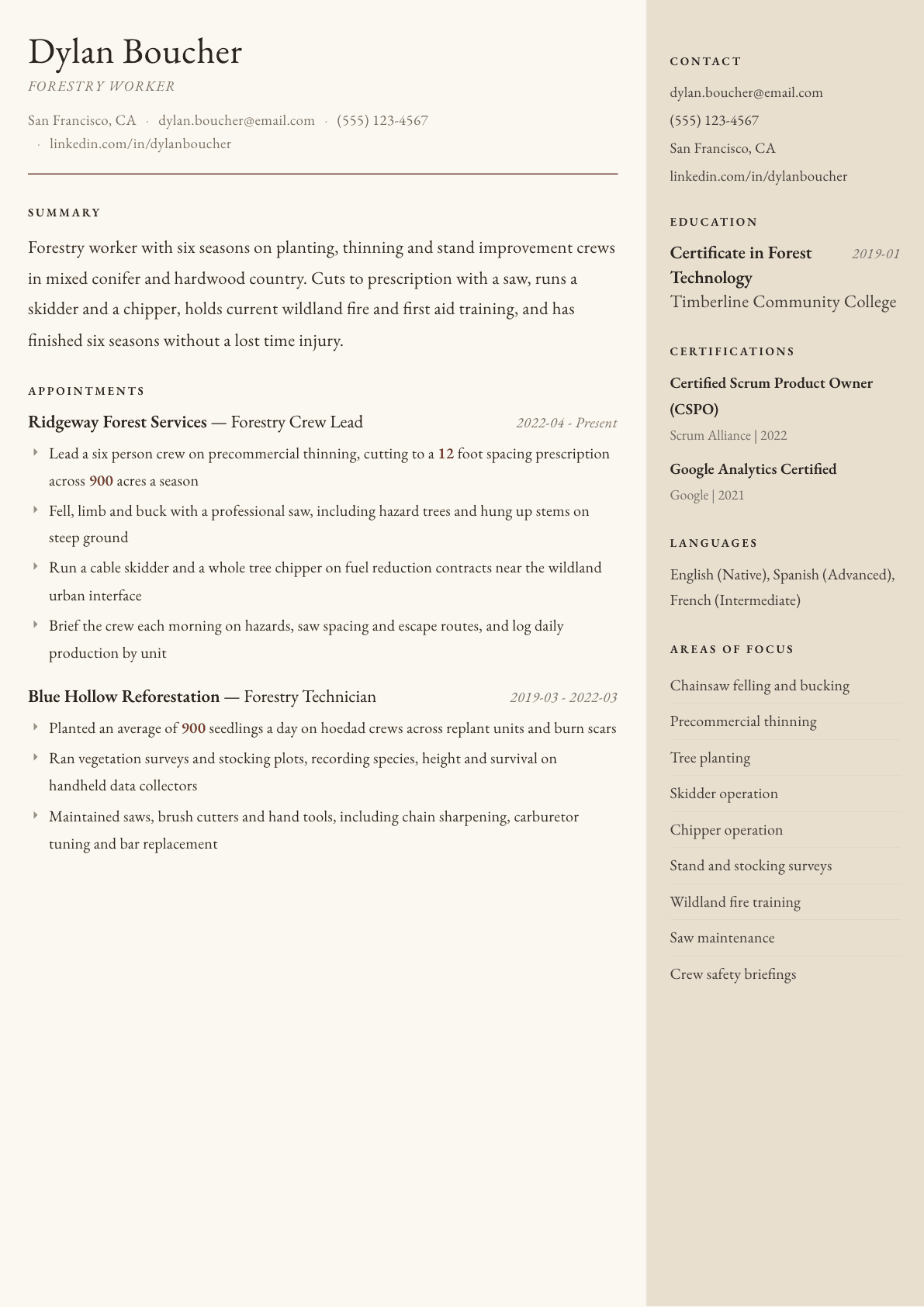 Forestry Worker resume example, Manuscript template