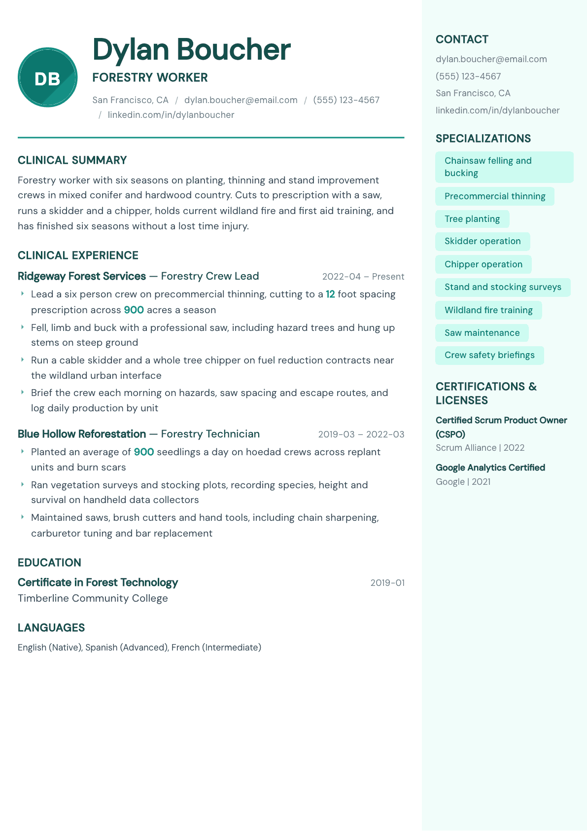 Forestry Worker resume example, Remedy template