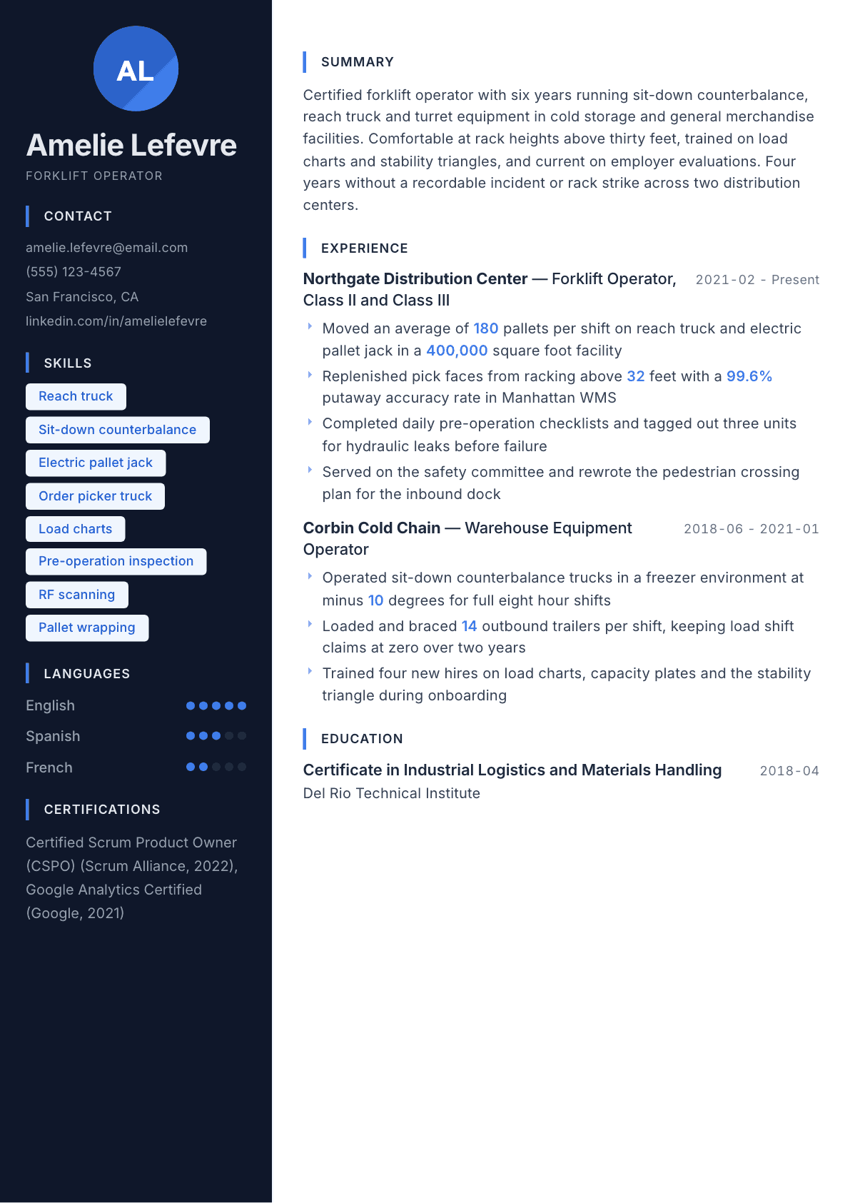 Forklift Operator resume example, Midnight Sapphire template