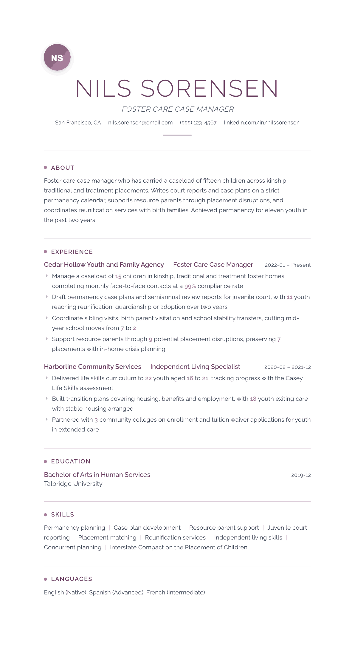 Foster Care Case Manager resume example, Serenity template