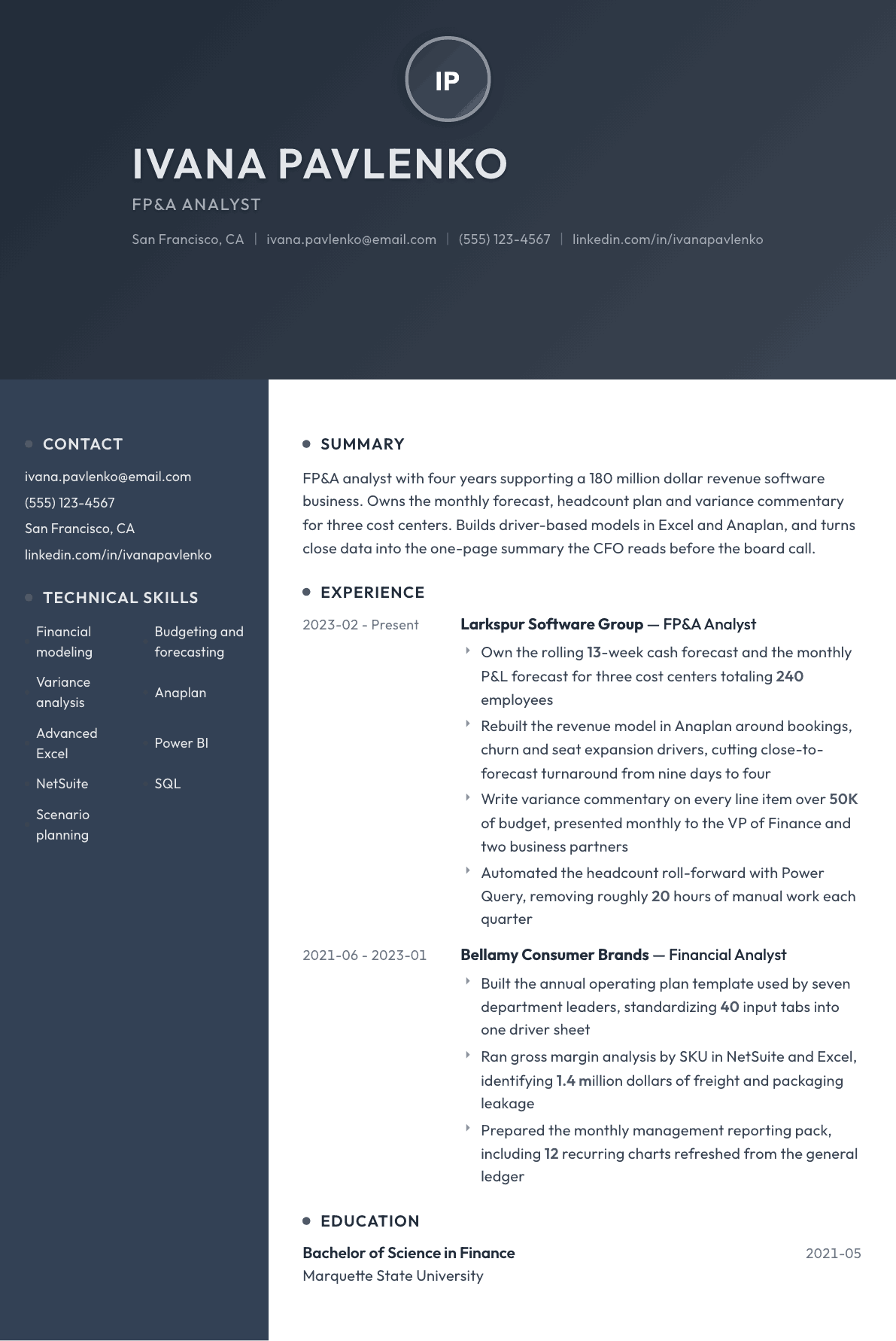 FP&A Analyst resume example, Binary template