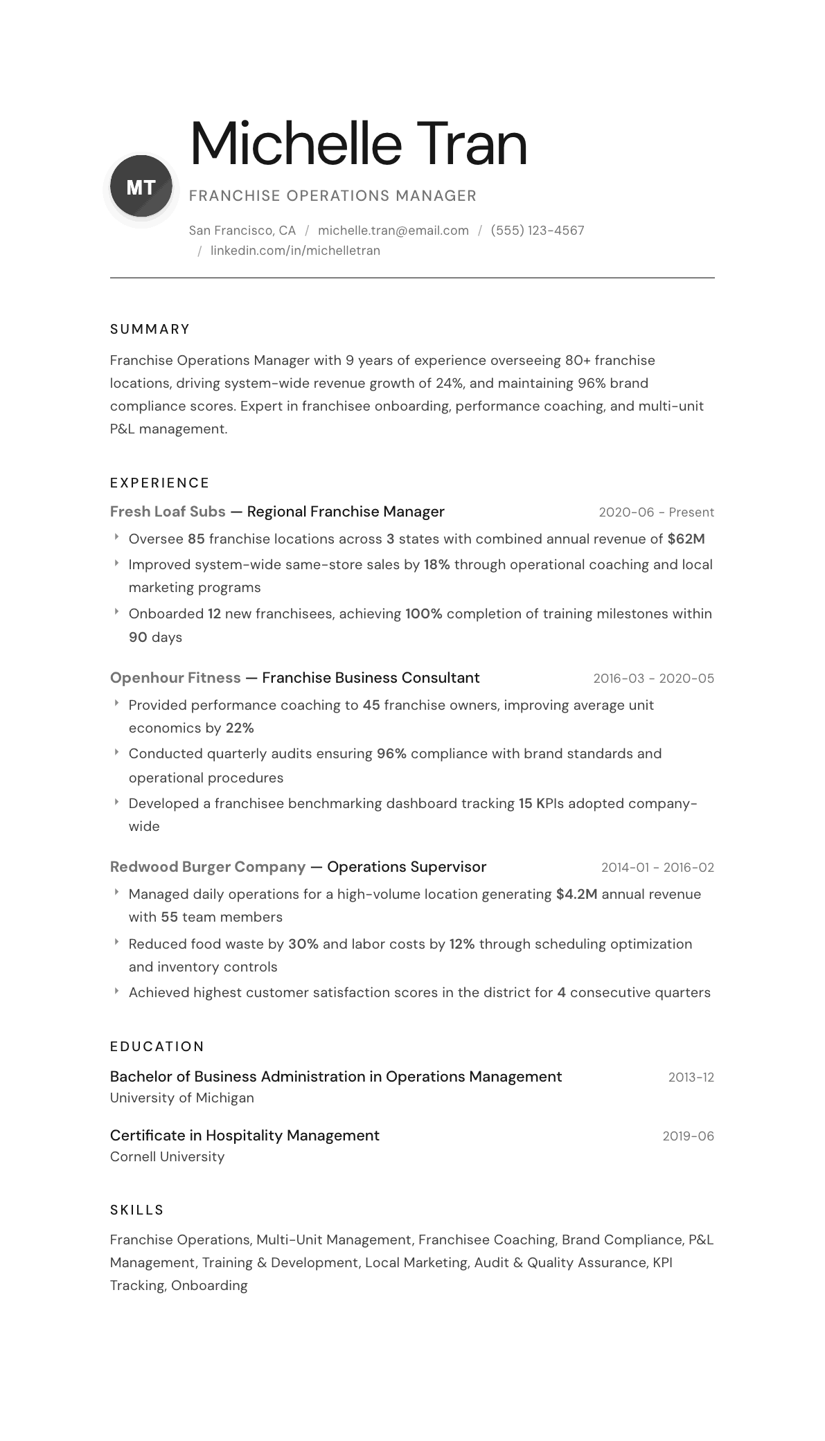 Franchise Manager resume example, Whisper template