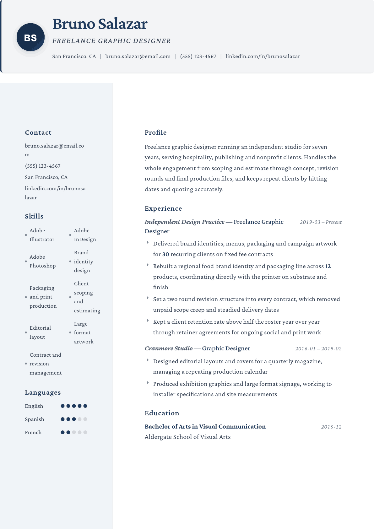 Freelance Graphic Designer resume example, Formal template