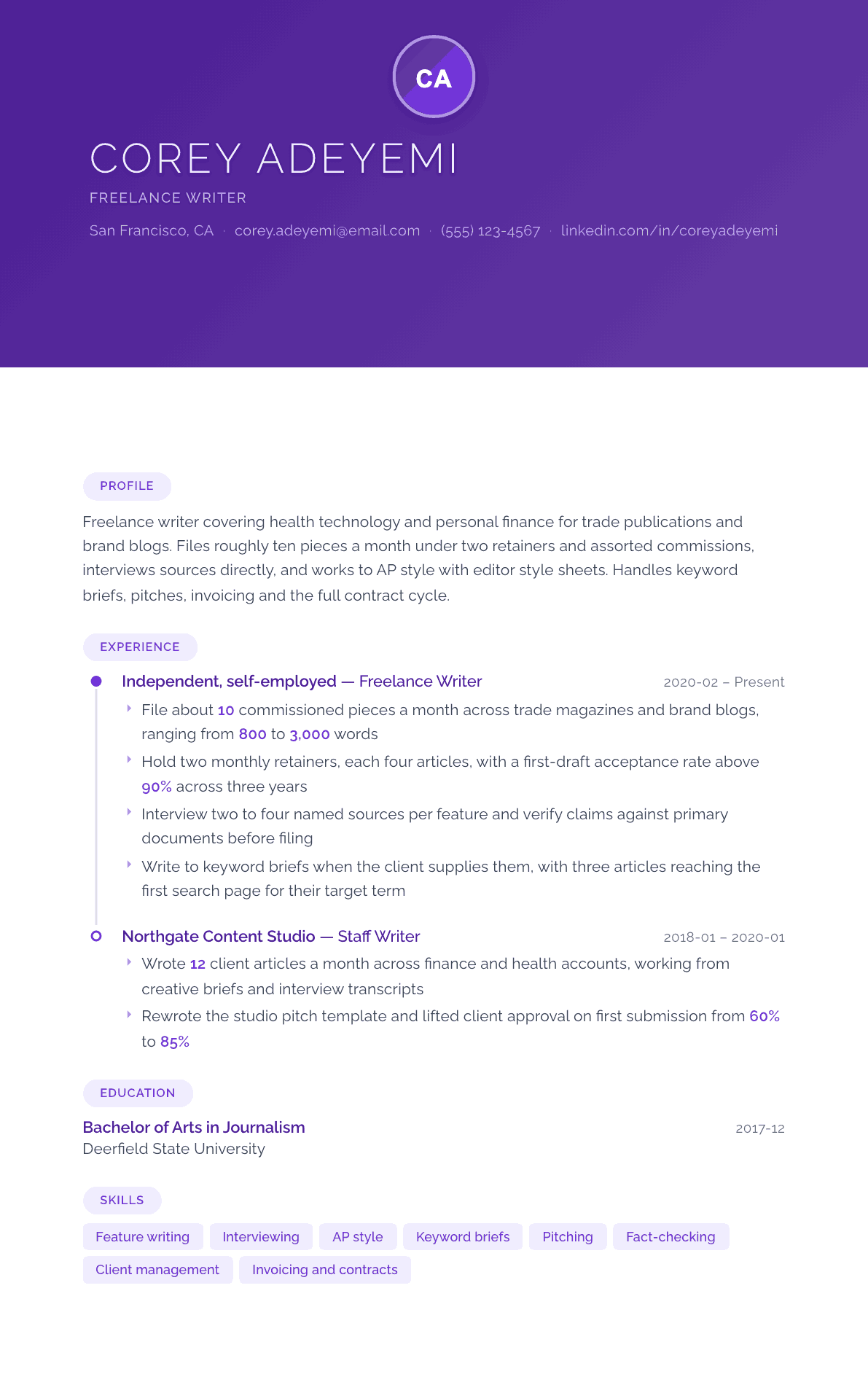 Freelance Writer resume example, Canvas template