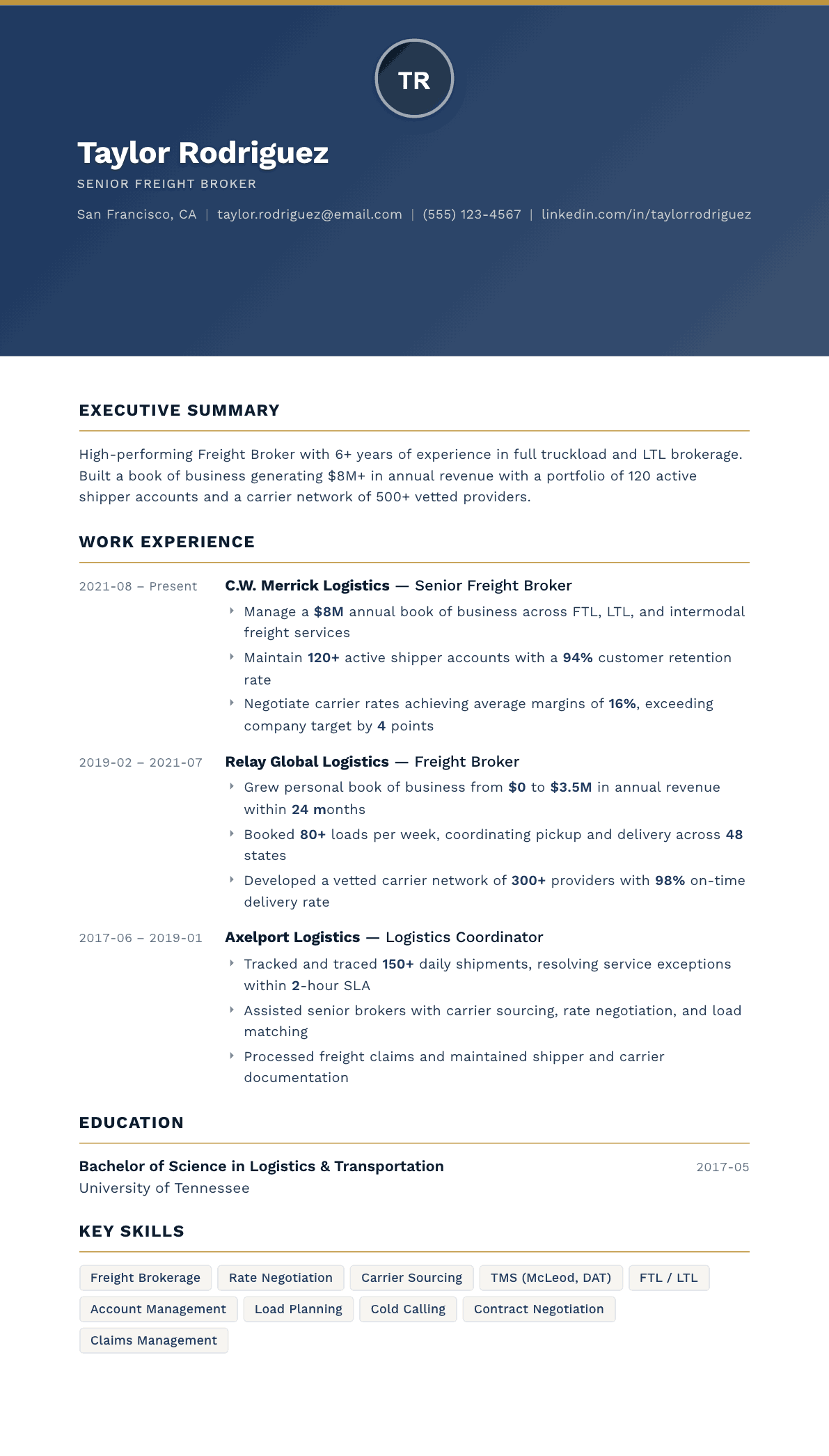 Freight Broker resume example, Sovereign template