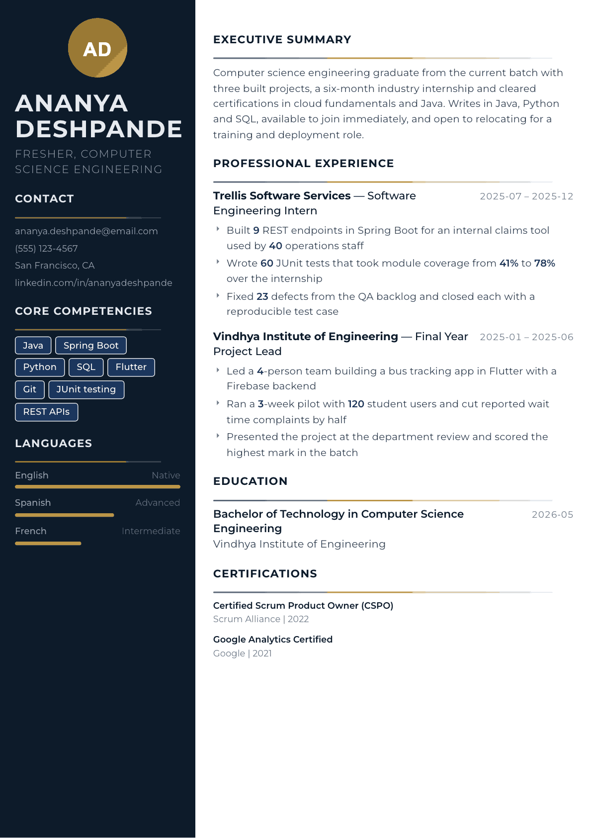 Fresher resume example, Catalyst template