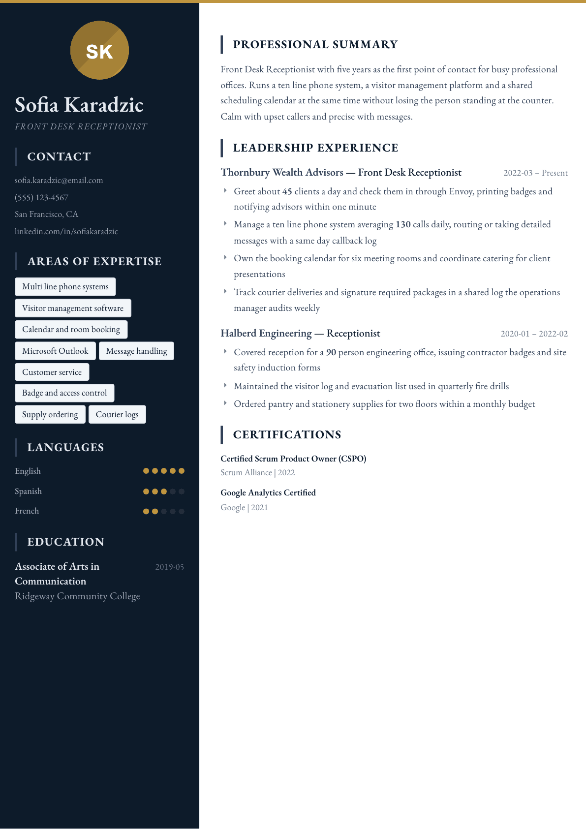 Front Desk Receptionist resume example, Presidio template