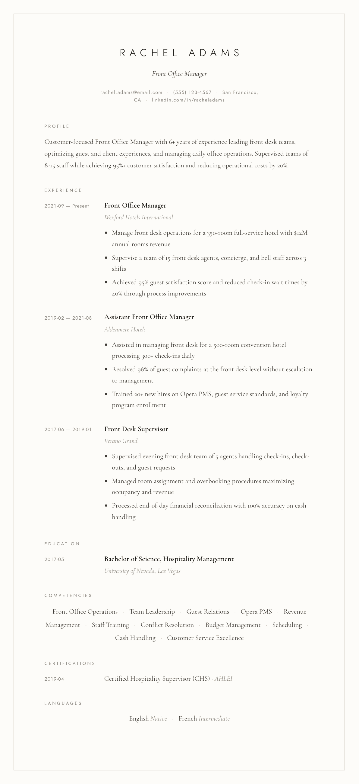 Front Office Manager resume example, Vellum template
