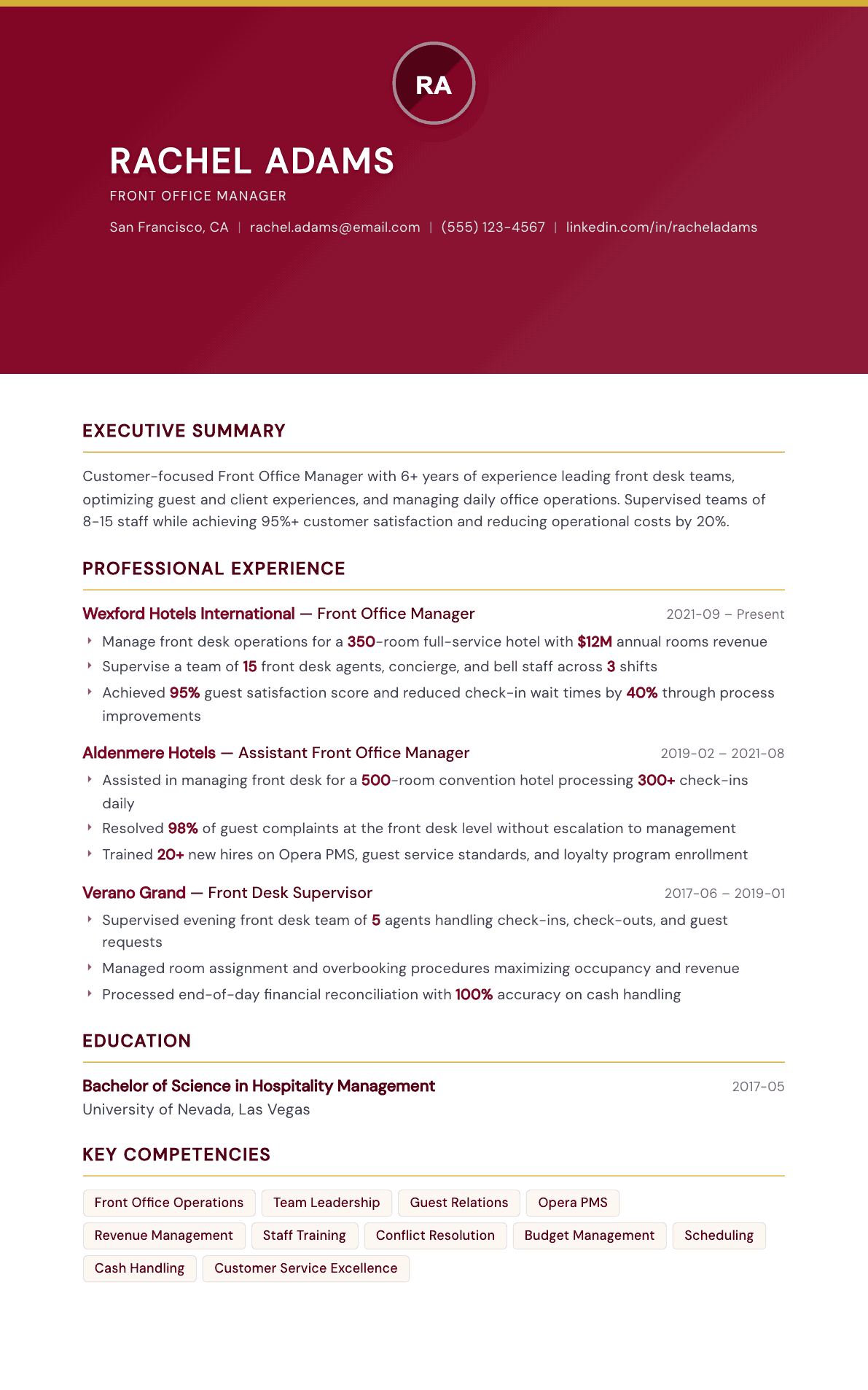 Front Office Manager resume example, Viceroy template
