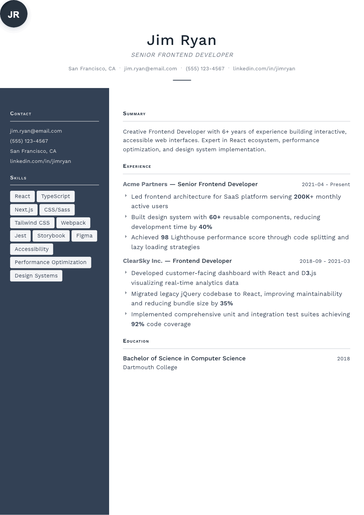 Frontend Developer resume example, Fold template