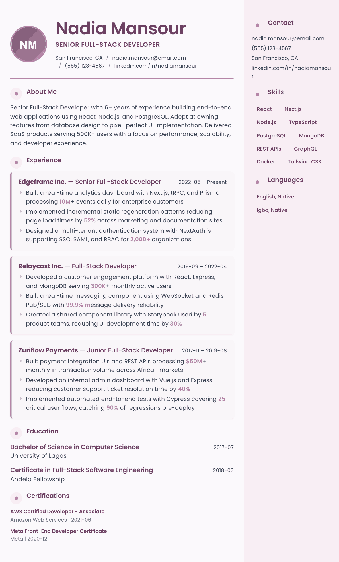 Full-Stack Developer resume example, Bloom template