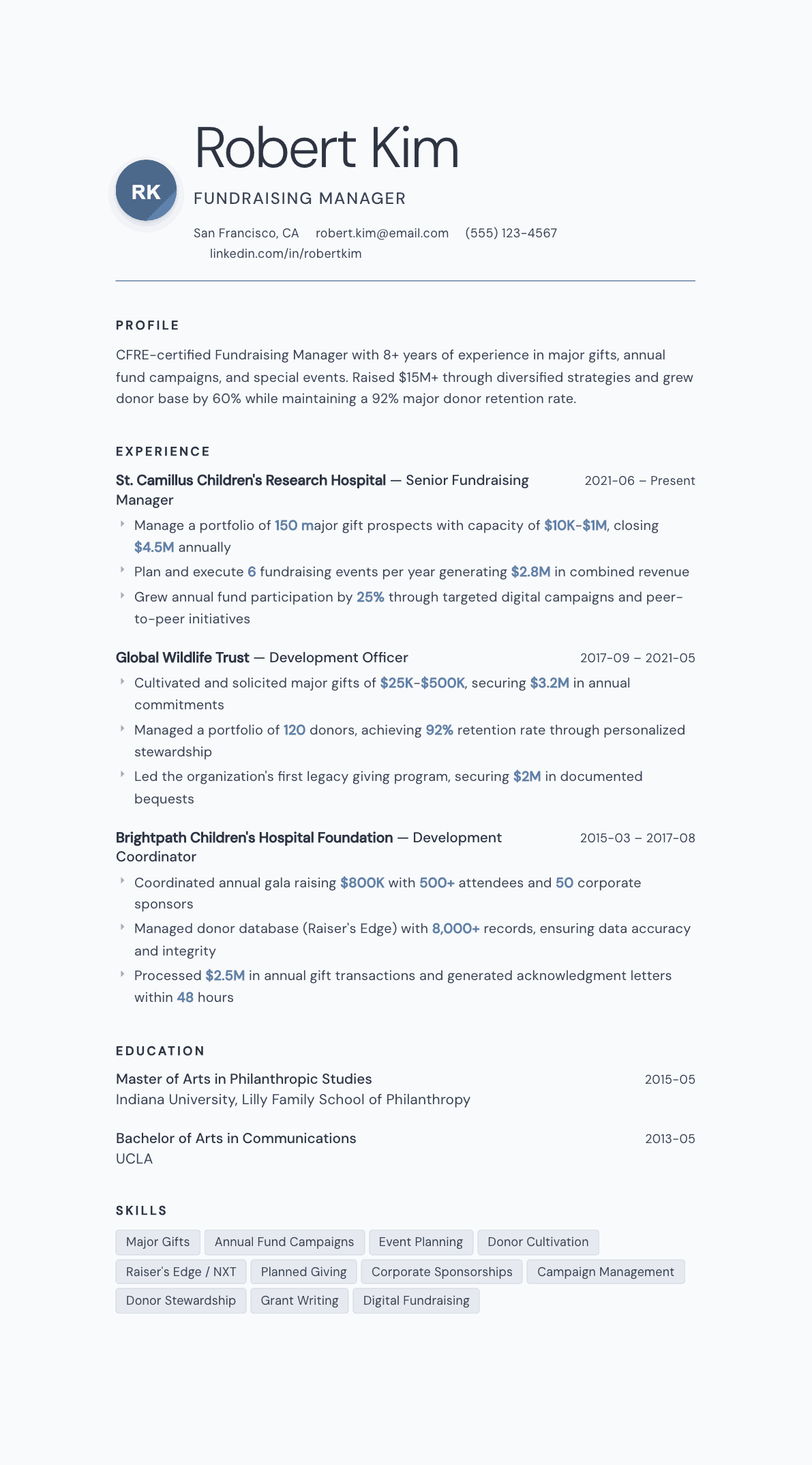 Fundraising Manager resume example, Nordic template