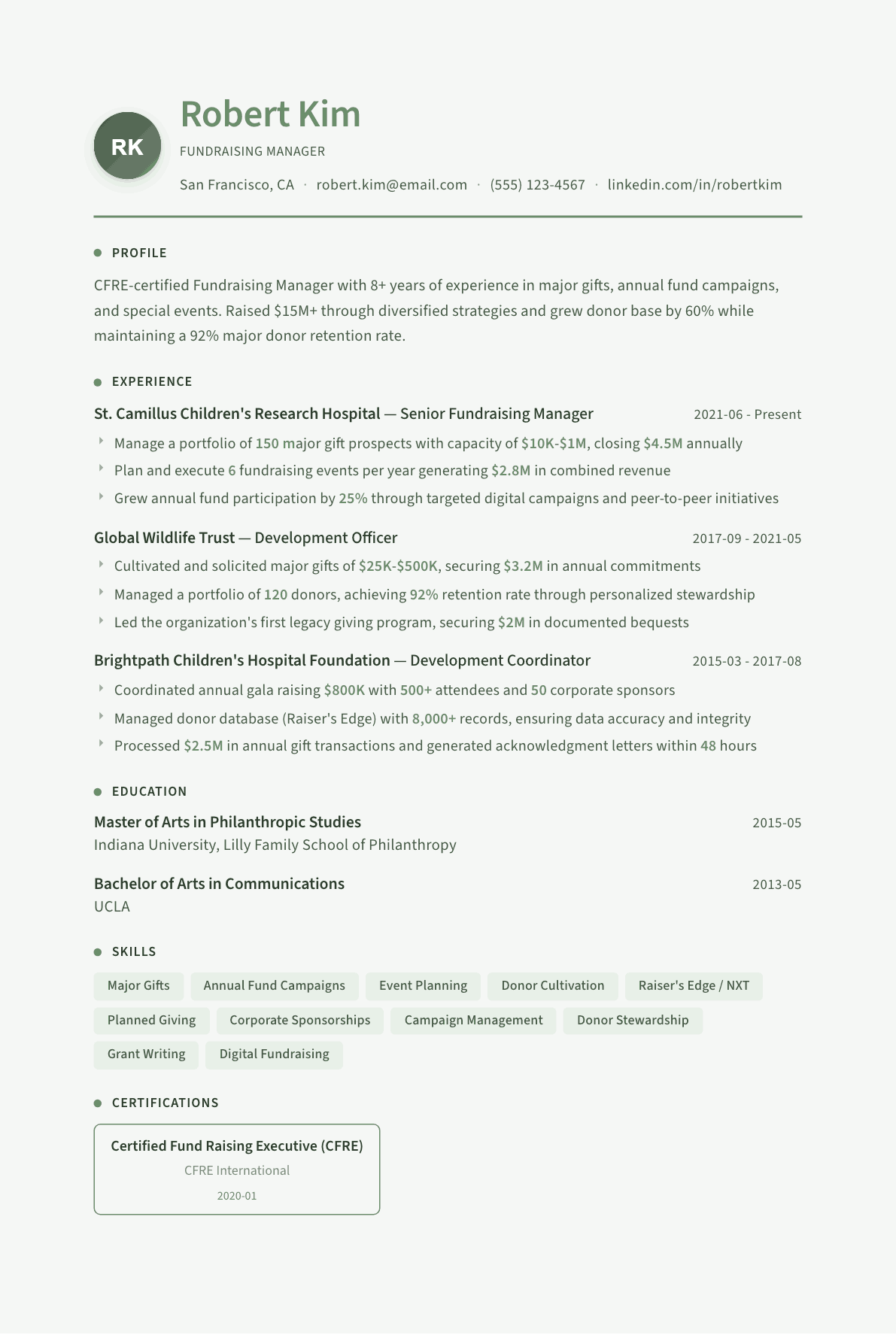Fundraising Manager resume example, Sage Garden template