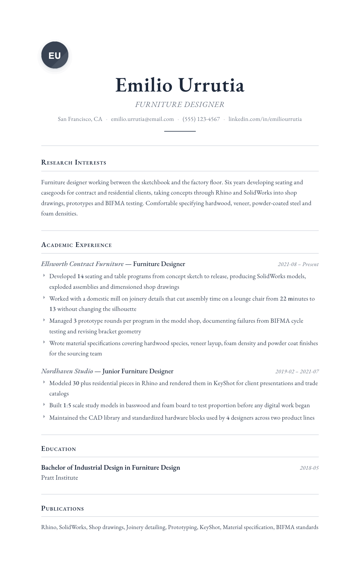 Furniture Designer resume example, Scholar template