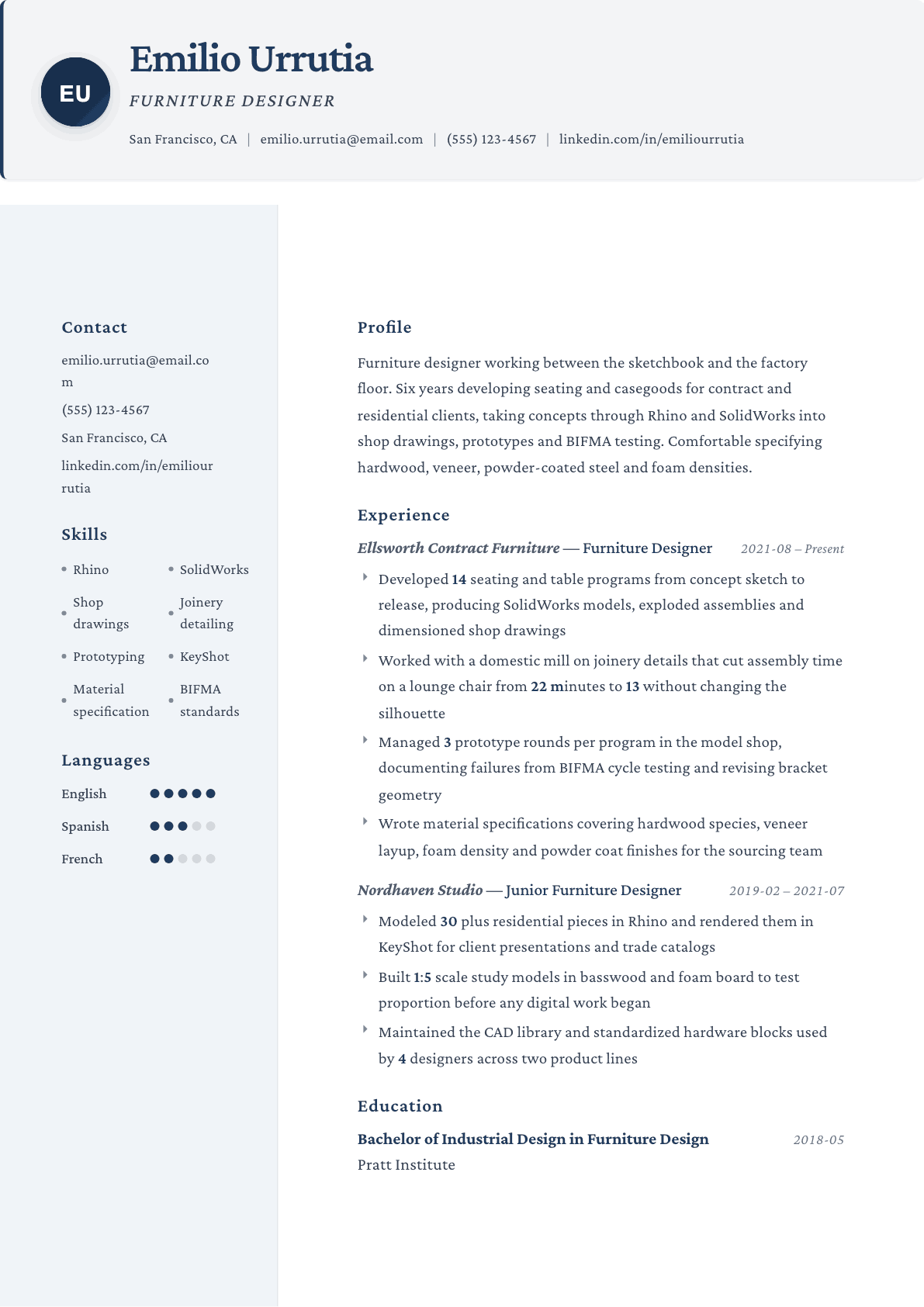 Furniture Designer resume example, Formal template