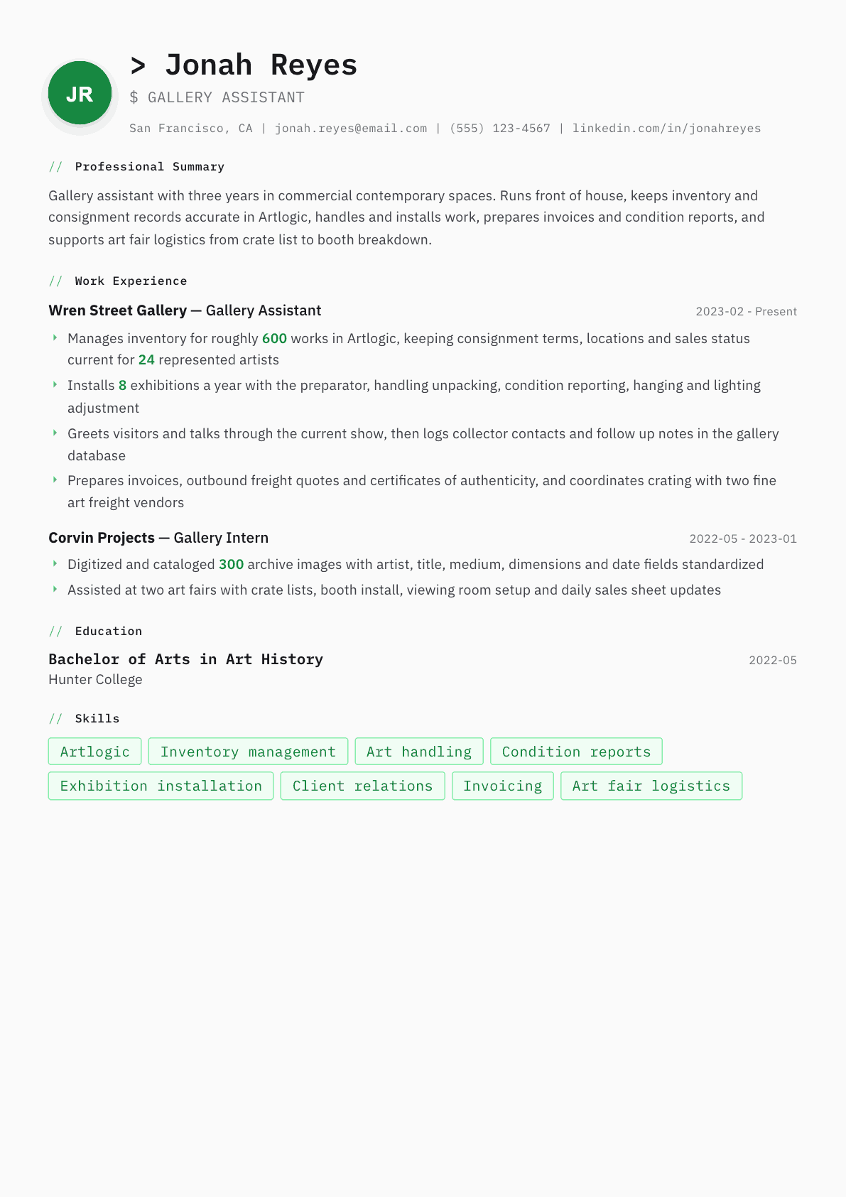 Gallery Assistant resume example, Amsterdam template