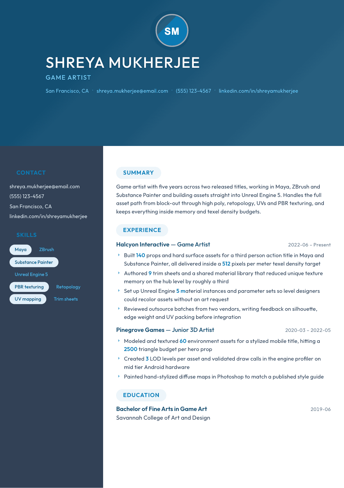 Game Artist resume example, Nexus template