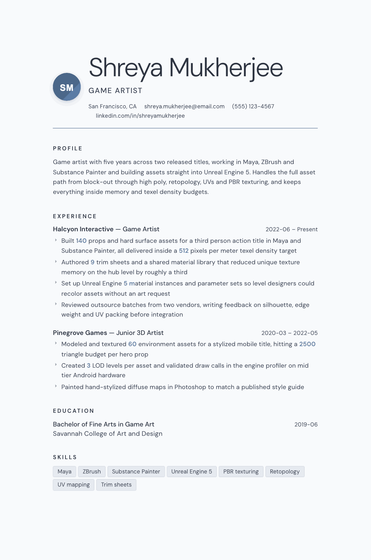 Game Artist resume example, Nordic template