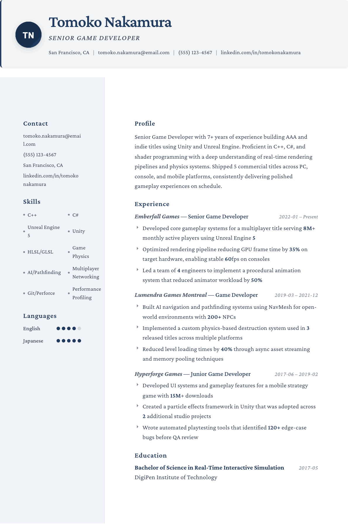 Game Developer resume example, Formal template