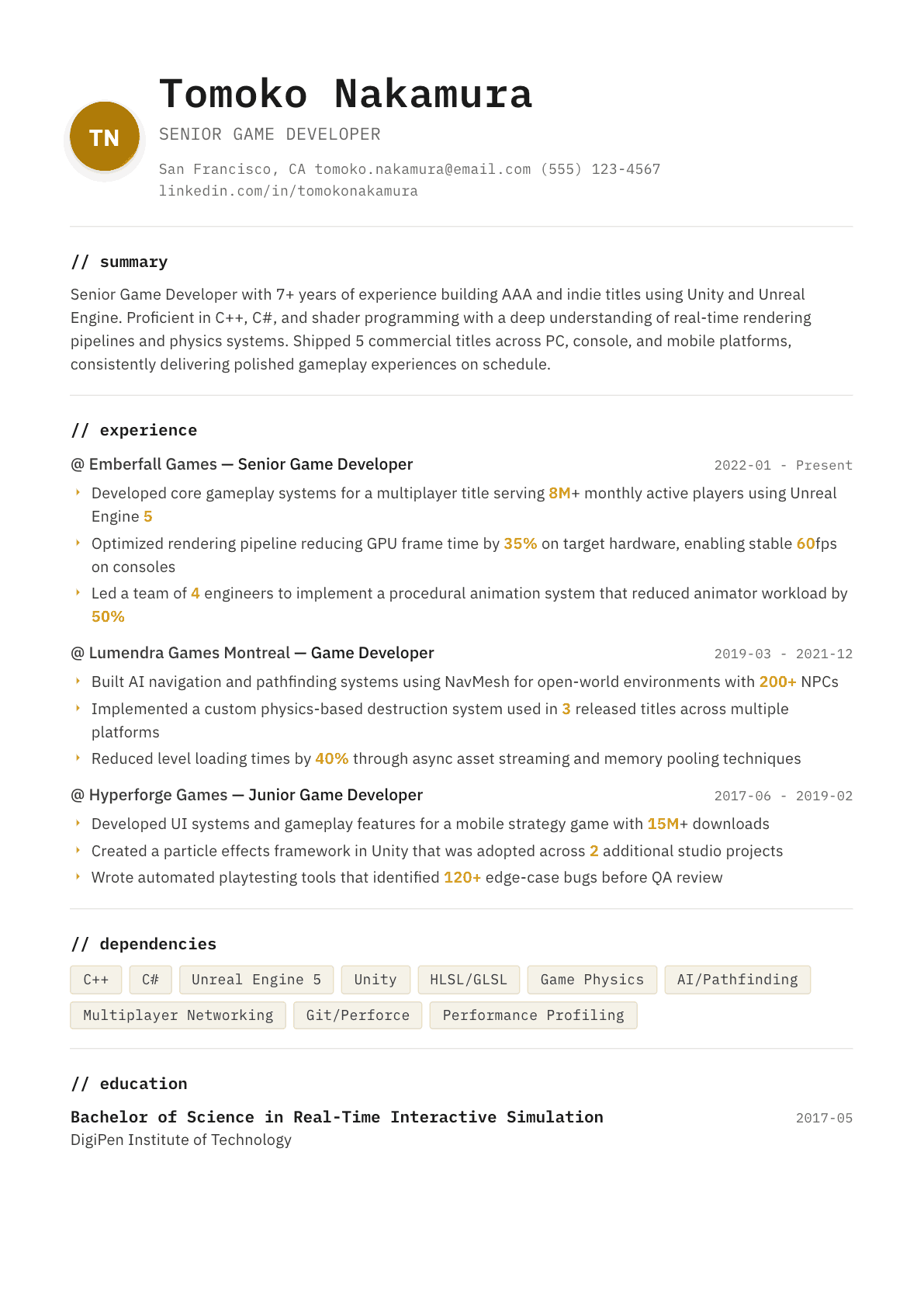 Game Developer resume example, Terminal template