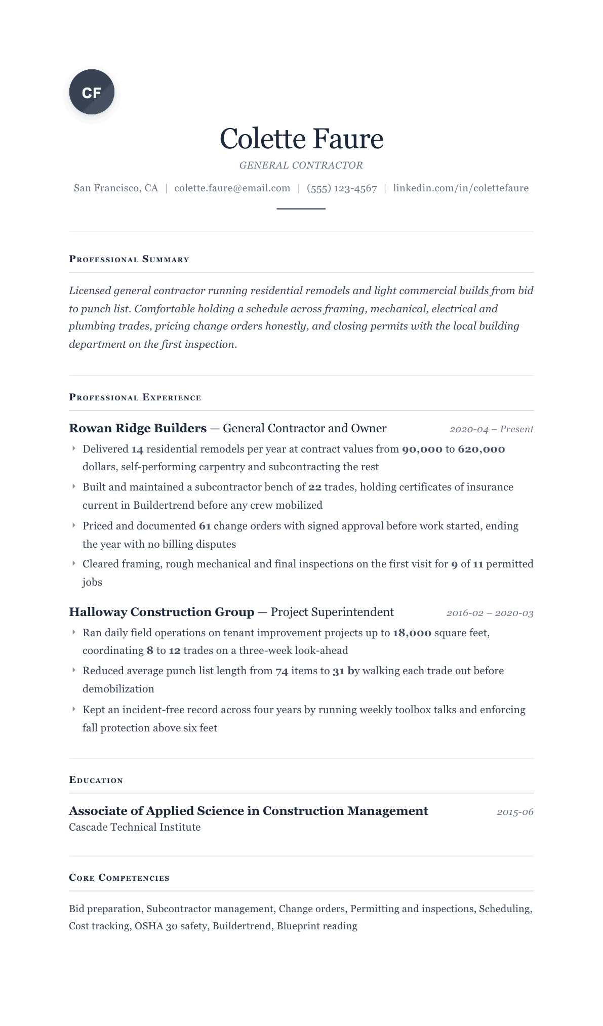 General Contractor resume example, Cornerstone template
