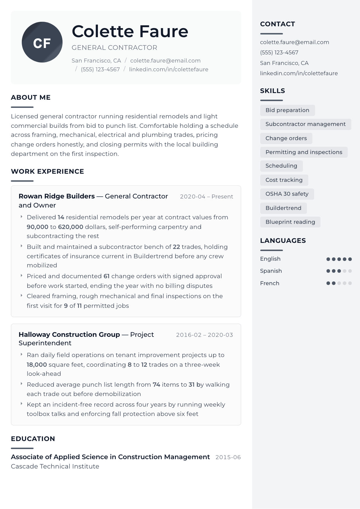 General Contractor resume example, Metropolitan template