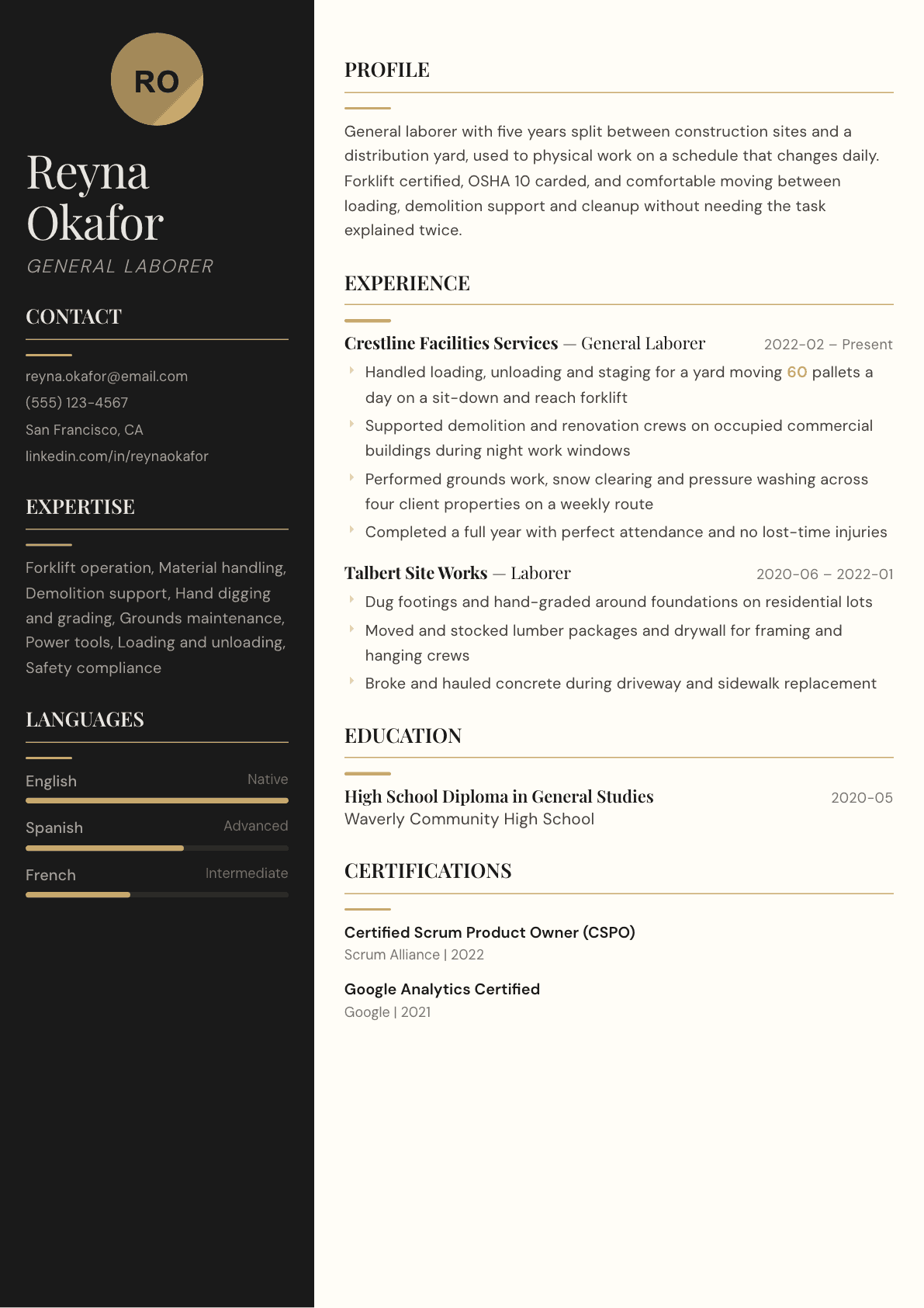 General Laborer resume example, Obsidian template