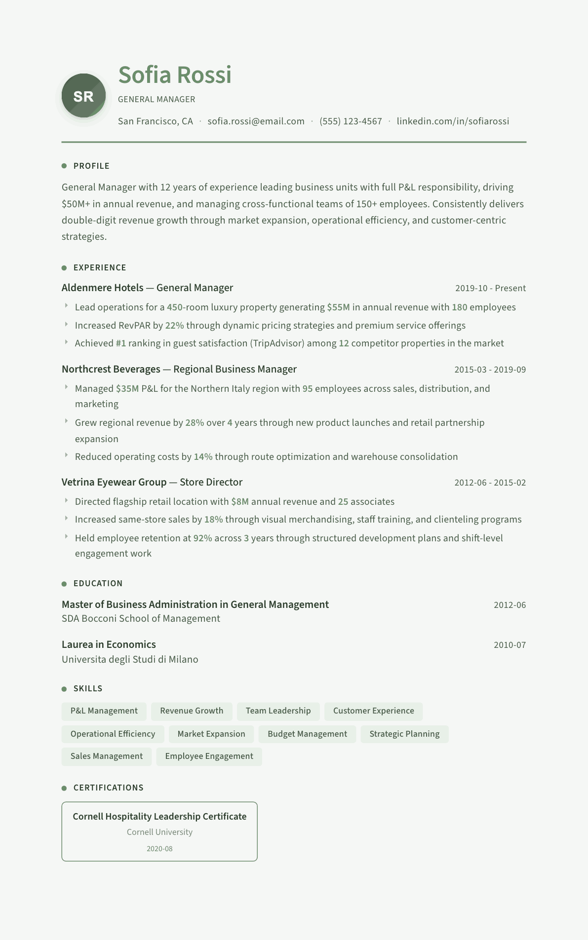 General Manager resume example, Sage Garden template