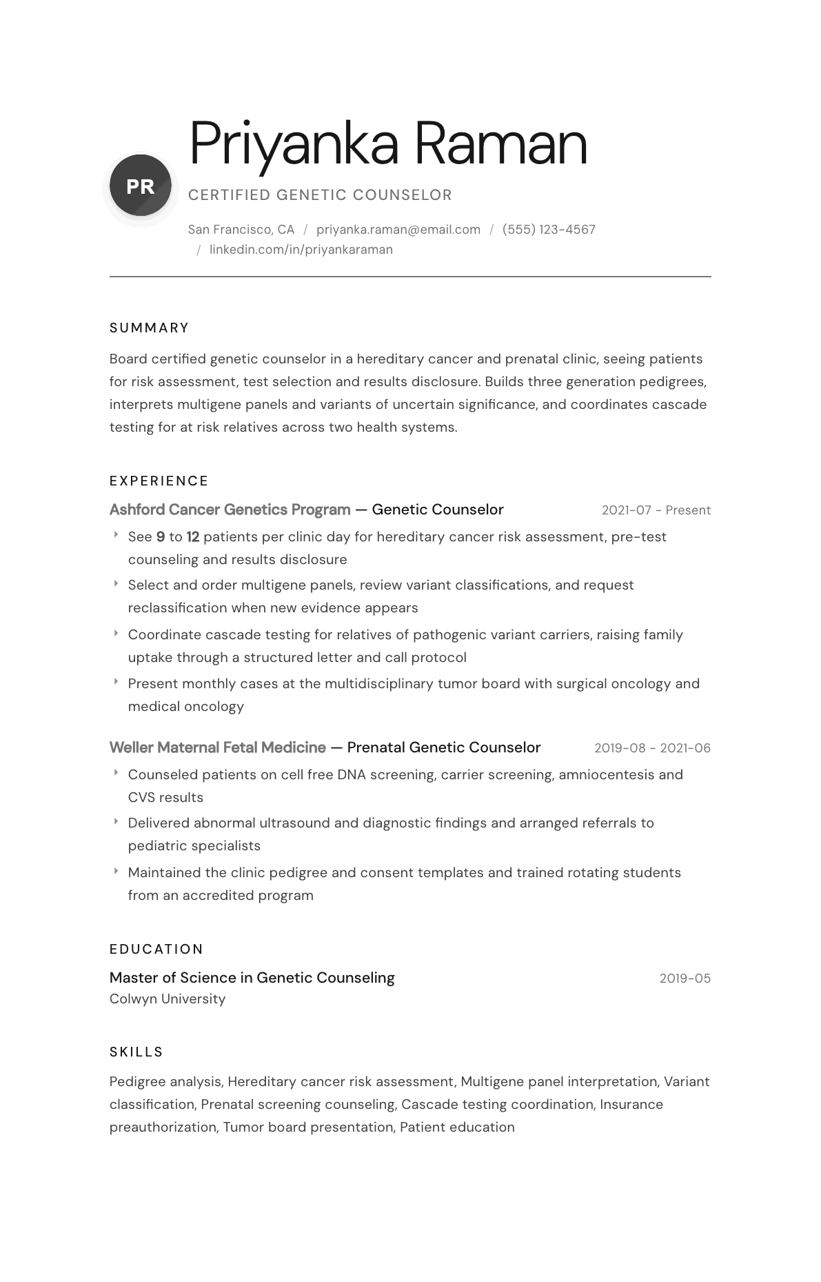 Genetic Counselor resume example, Whisper template